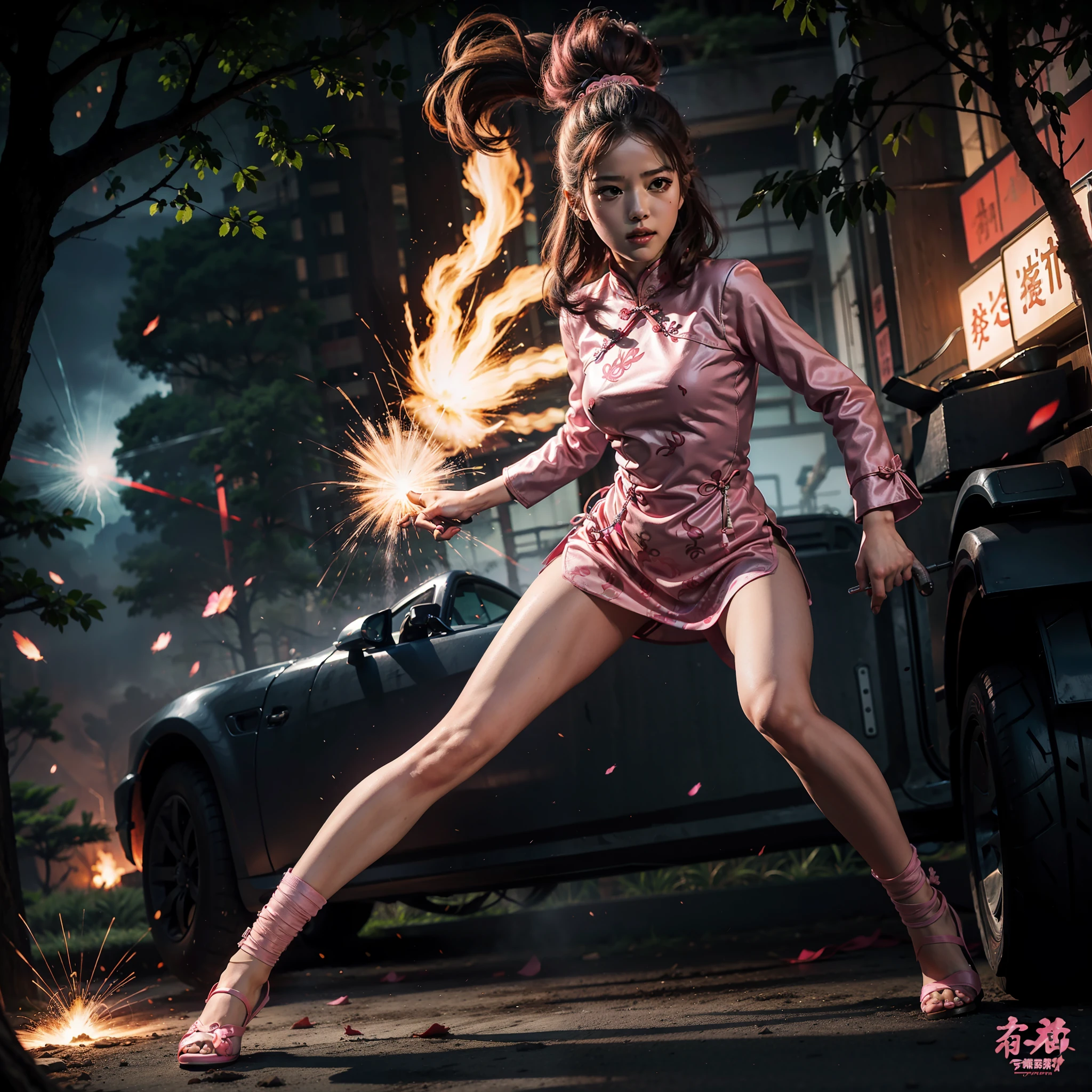 Pink cheongsam+teens girl+Hold it+Tree-like lightning+Explosive effect
