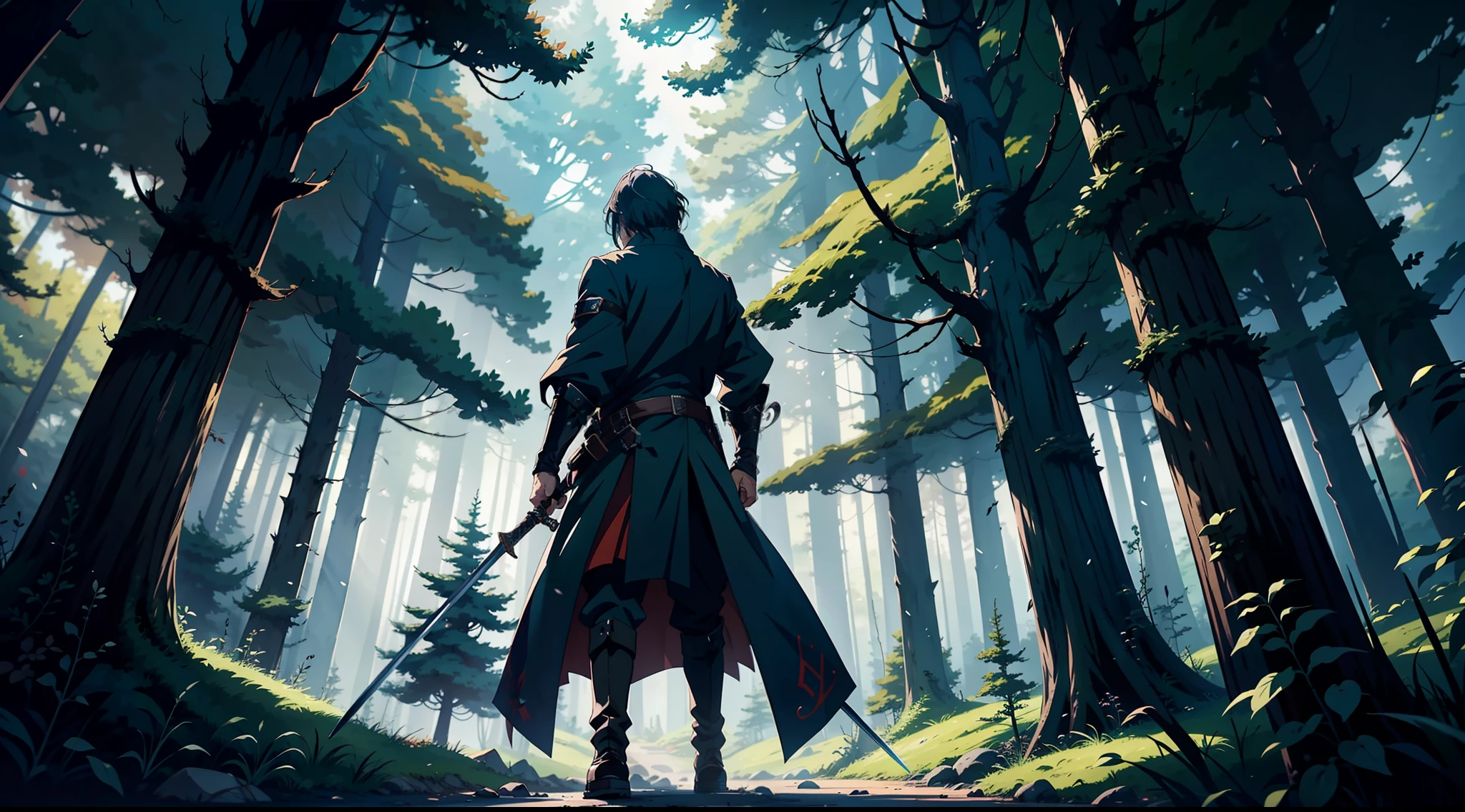 A man in a long coat stands in the middle of the forest,Hold a sword in the forest,Anime epic artwork,Epic fantasy art style,Digital 2D fantasy art,Anime fantasy illustration,Anime wallpaper 4k,forest soul,Anime art wallpaper 4k,Anime fantasy artwork。