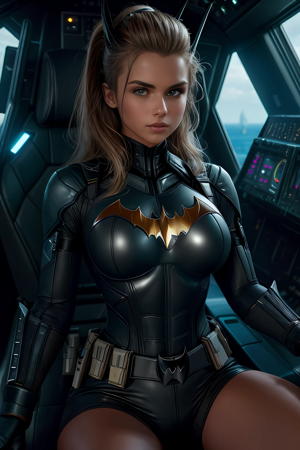 (Extremely detailed 8k wallpaper), bat girl sitting in a futuristic fighter jet cockpit, black futuristic fighter jet cockpit, sitting in black leather pilot seat, sitting in leather seat in cockpit, futuristic fighter jet cockpit:1.3, batgirl:1.2, confident, many switches and lights, long hair, bra, sexy top, short top:1.2, calm, modern futuristic clothing, complex, highly detailed, and dramatic, cinematic lighting, bright scene, soft lights, large breasts:1.4, nsfw:1.4, fit girl, lean girl, dark gray tight leather clothes, cleavage, batman logo:1.4