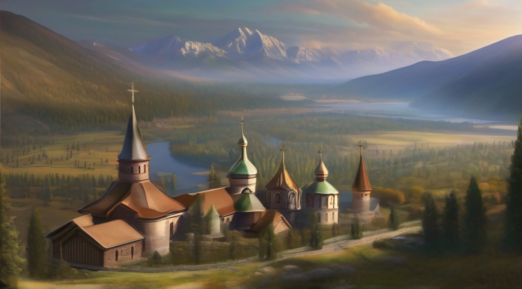 Create a realistic, high-definition image depicting the ancient lands of Russia during the time of Jesus, featuring a majestic landscape with mountains and the serene presence of monasteries.