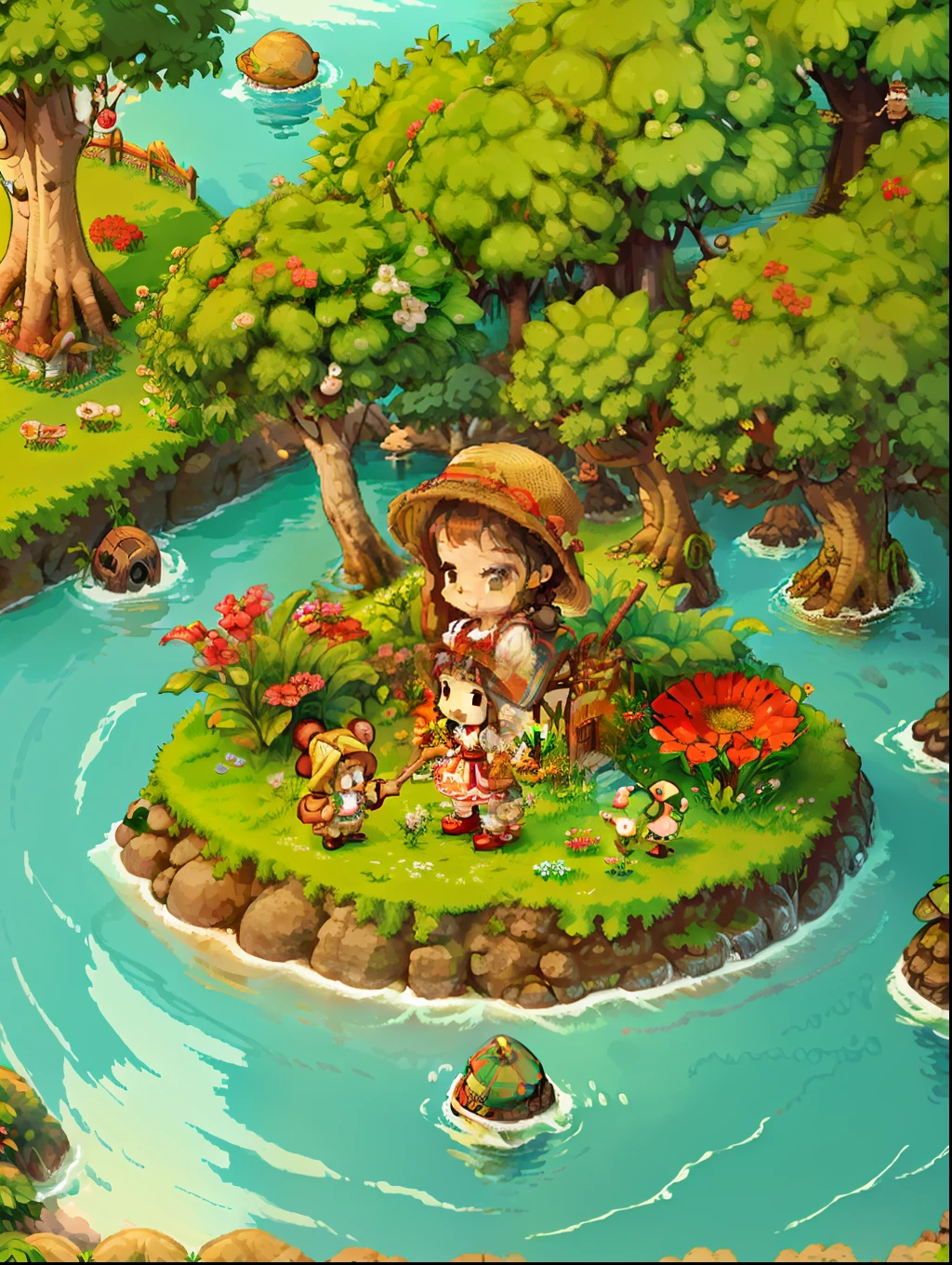 (Pixel art:1.4),Q version of the little girl,teddy bears,Straw Hat Hat,basket,Floral dress,Little red leather shoes,The tree,river water,Flowers,Mushroom hut