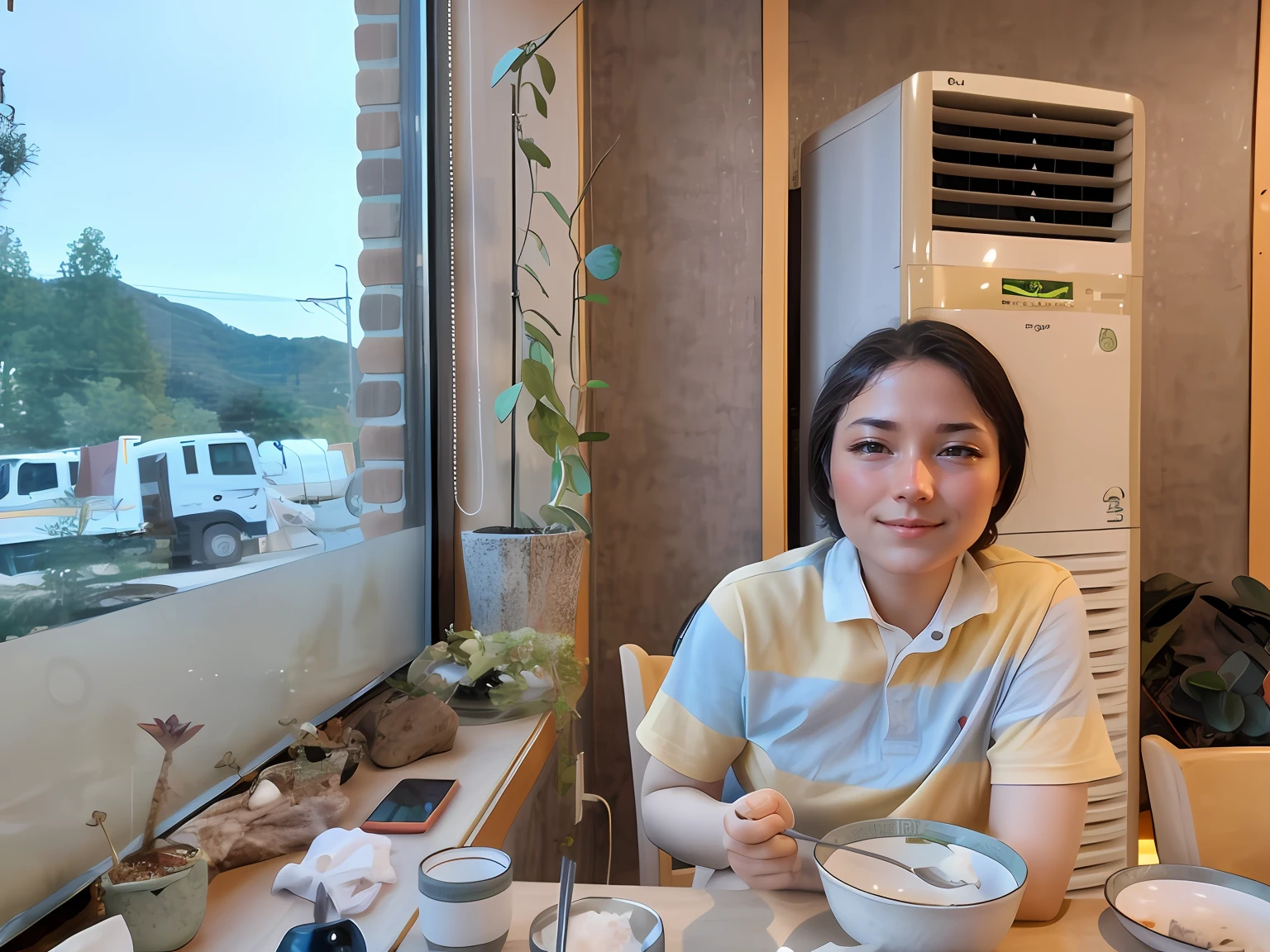 1 woman((upper body selfie, happy)), masterpiece, best quality, ultra-detailed, solo, outdoors, (night), mountains, nature, (stars, moon) cheerful, happy, backpack, sleeping bag, camping stove, water bottle, mountain boots, gloves, sweater, hat, flashlight, forest, rocks, river, wood, smoke, shadows, contrast, clear sky, analog style (look at viewer:1.2) (skin texture) (film grain:1.3), (warm hue, warm tone) :1.2), close up, cinematic light, sidelighting, ultra high res, best shadow, RAW, upper body, wearing pullover