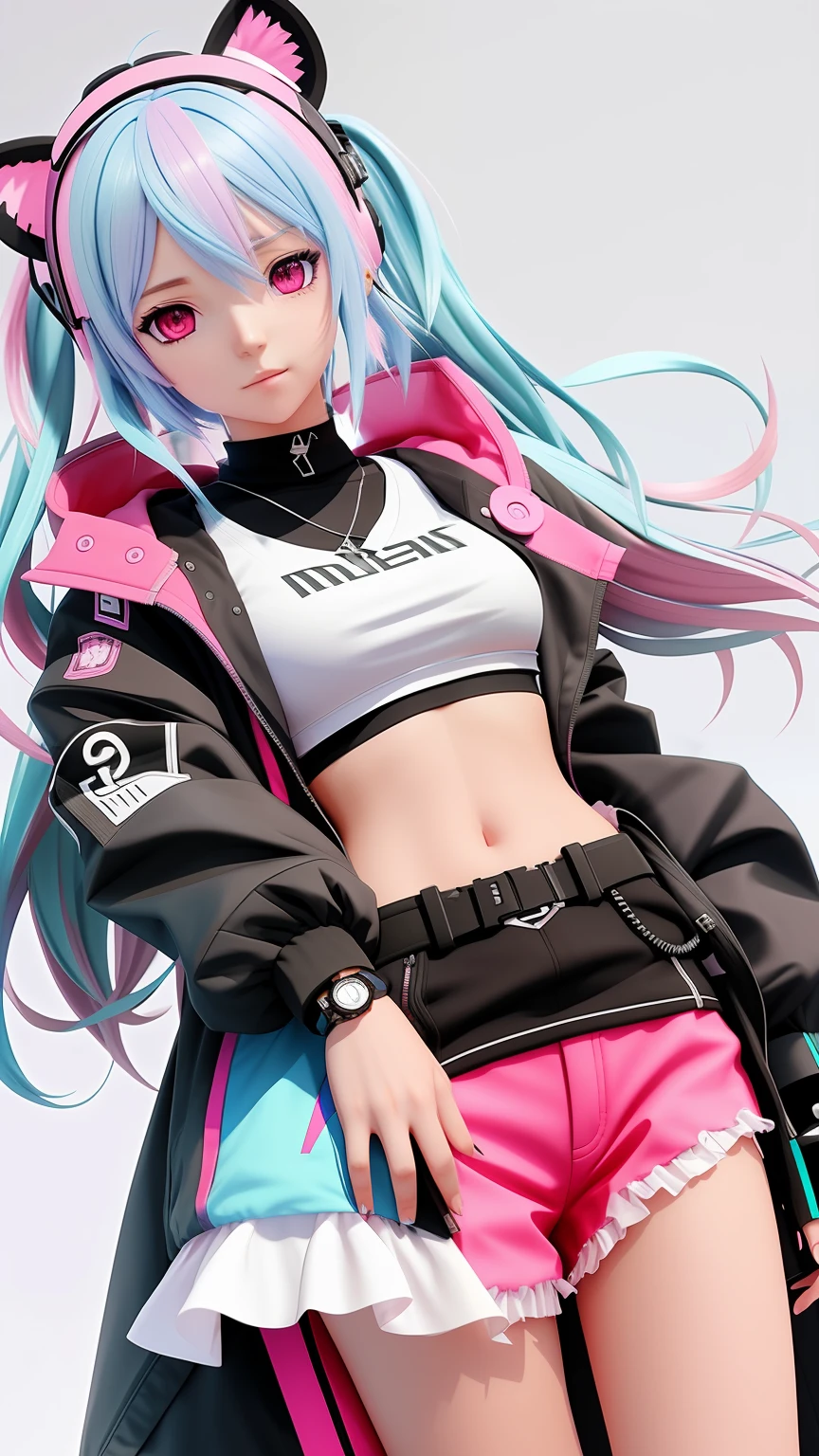 Alaphais，Pink and blue hair and black jacket, anime styled 3d, render of a cute 3d anime girl, photorealistic anime girl rendering, cyberpunk anime girl in hoodie, 3 D rendering character art 8 K, style of anime4 K, Anime style. 8K, cyberpunk anime girl, 3d anime girl