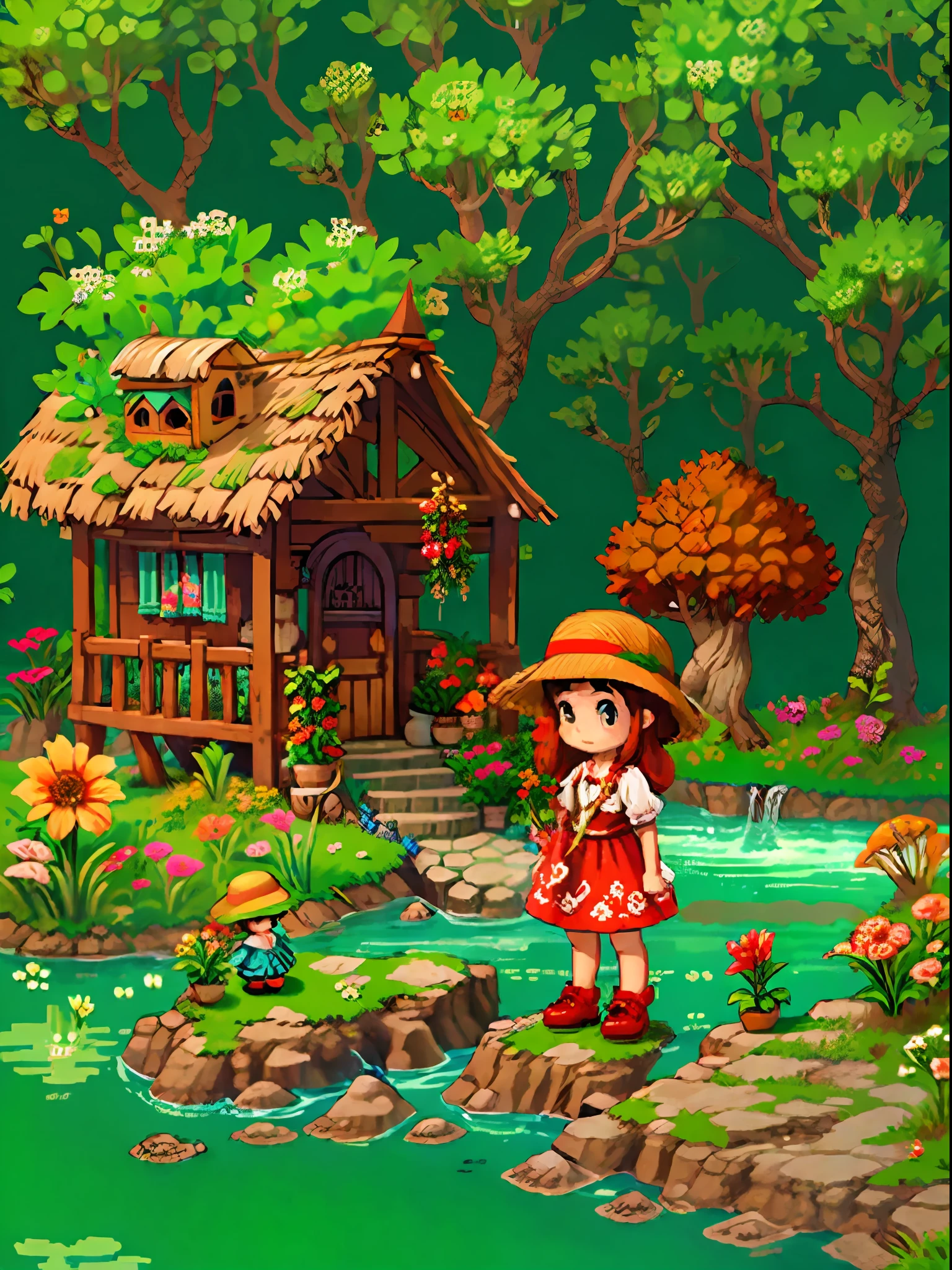 （Pixel art：1.4），Q version of the little girl，teddy bears，Straw Hat Hat，basket，Floral dress，Little red leather shoes，The tree，river water，Flowers，Mushroom hut