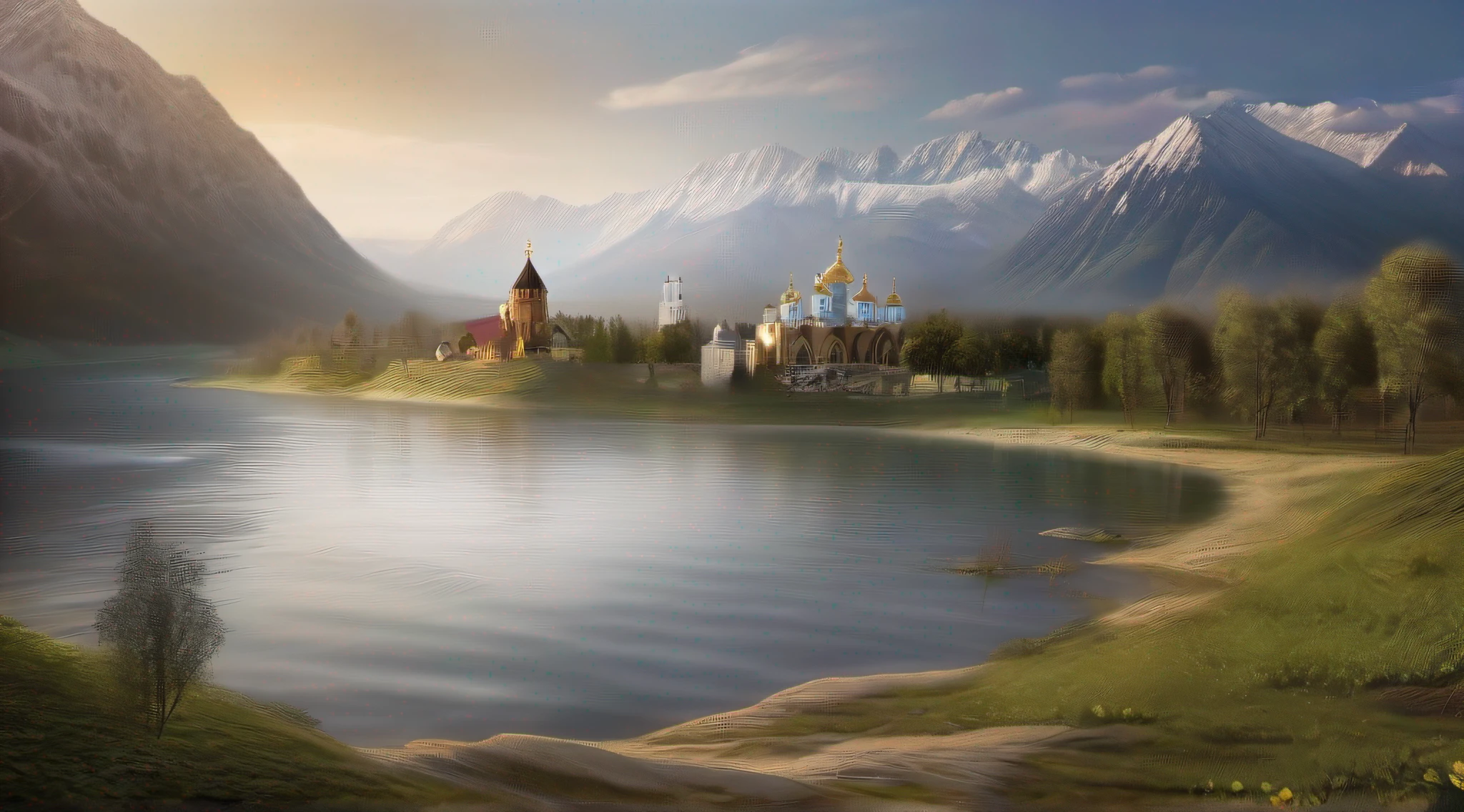 Create a realistic, high-definition image depicting the ancient lands of Russia during the time of Jesus, combining the majestic landscape with mountains and monasteries, while featuring the presence of Jesus in a spiritually significant moment.