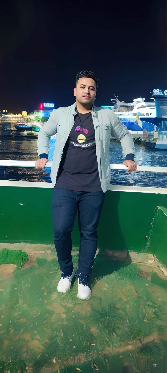 arafed man standing on a green railing with a city in the background, full body picture, full body photogenic shot, vacation photo, standing on a ship deck, photo taken at night, with a cool pose, standing on ship deck, taken with sony alpha 9, full body portrait shot, in egypt, mohamed chahin, candid picture
