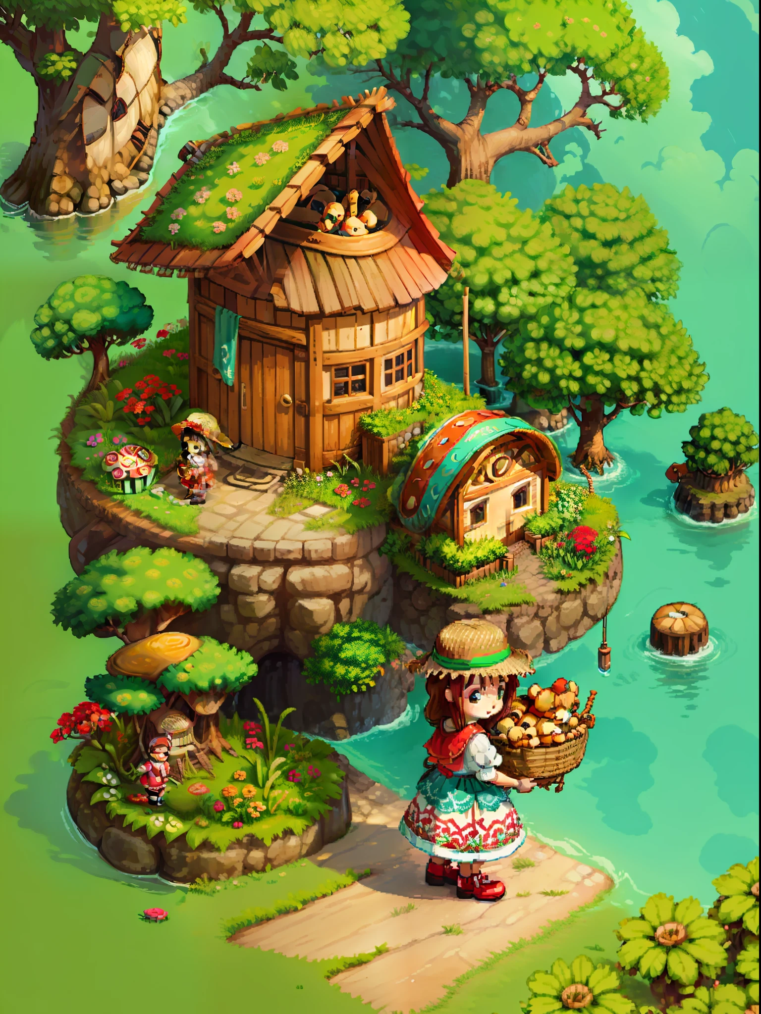 （Pixel art：1.4），Q version of the little girl，teddy bears，Straw Hat Hat，basket，Floral dress，Little red leather shoes，The tree，river water，Flowers，Mushroom hut