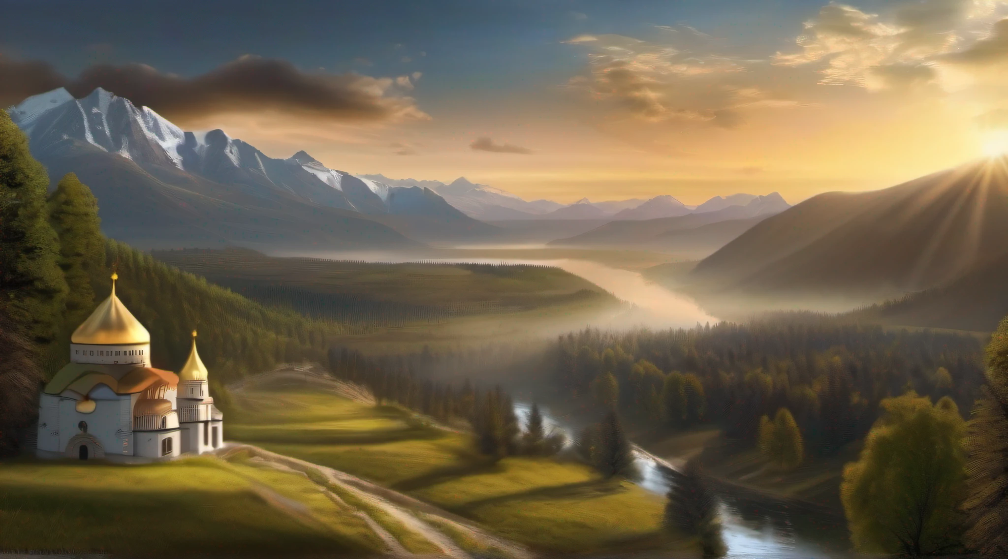 Create a realistic, high-definition image depicting the ancient lands of Russia during the time of Jesus, combining the majestic landscape with mountains and monasteries, while featuring the presence of Jesus in a spiritually significant moment.