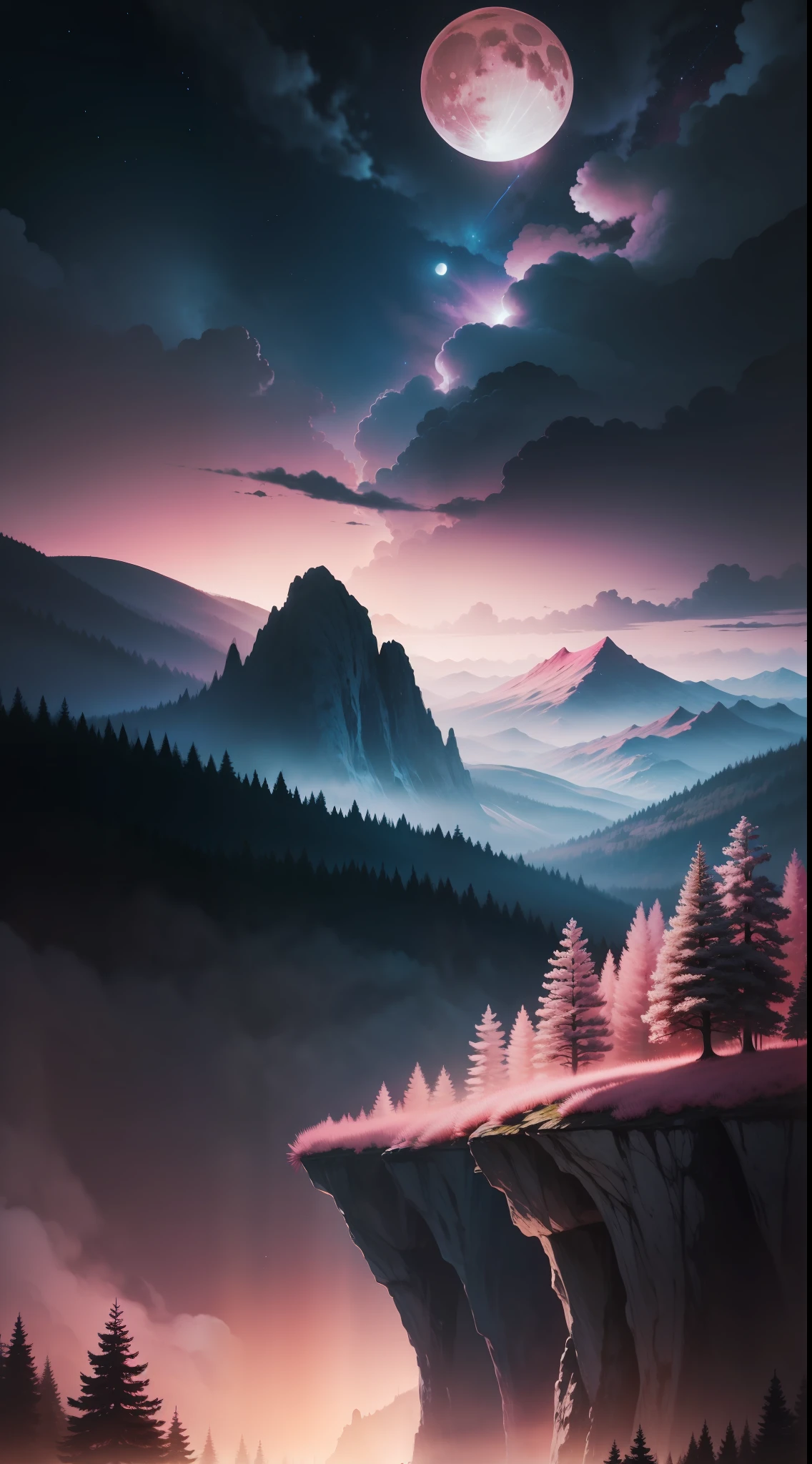 Natural fantasy landscape,nigh sky,borgar,Pink moon