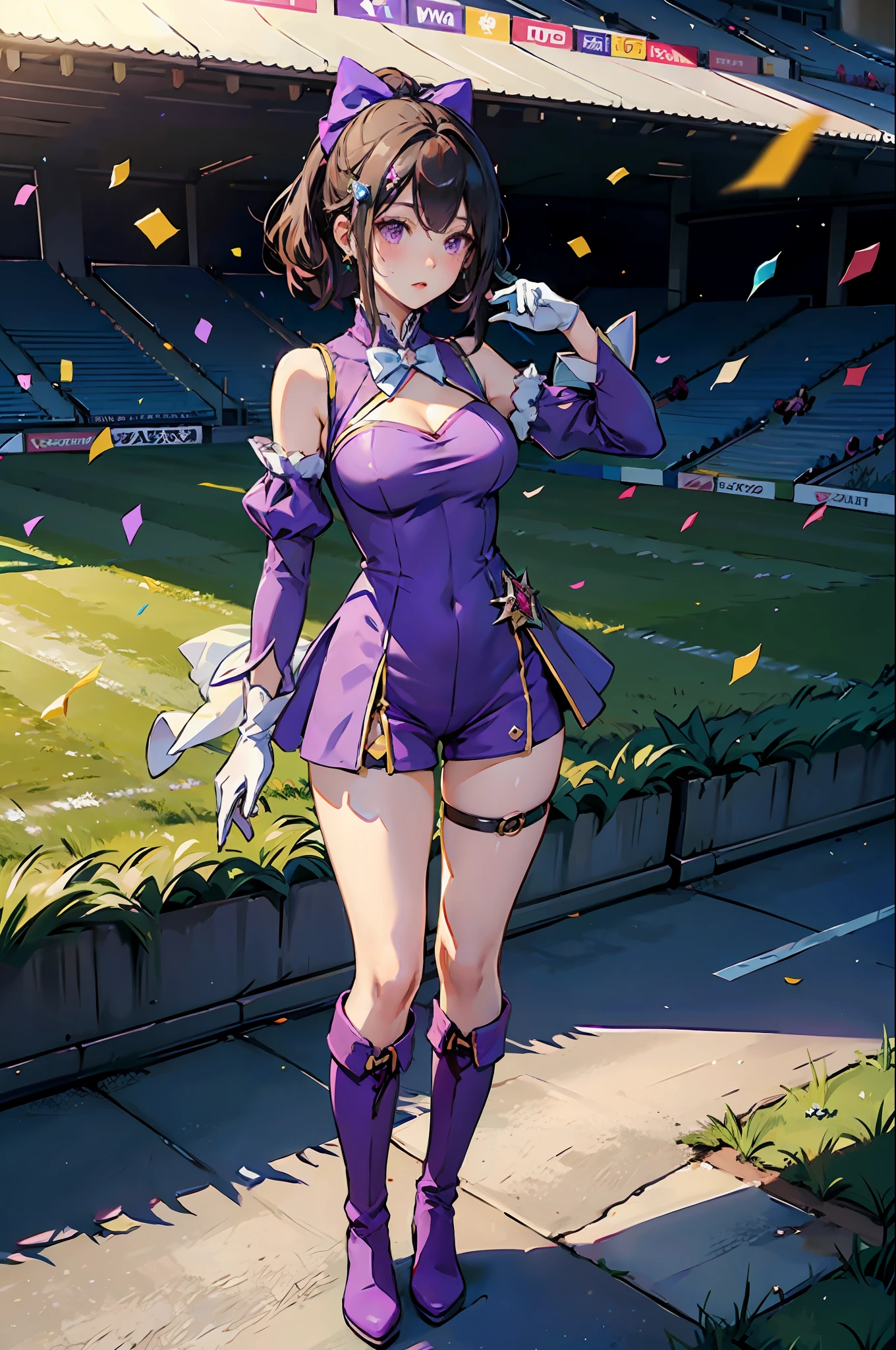 masterpiece, best quality,
narita top road,
grass, stadium, confetti,
standing, sweatdrop, hand up, looking down,
ear cover, star hair ornament, brooch, sleeveless dress, purple dress, white bow, mismatched gloves, white gloves, black gloves, shoulder cutout, puffy long sleeves, detached sleeves, see-through sleeves, frills, shorts under dress, short shorts, purple shorts, thigh strap, knee boots, purple footwear,