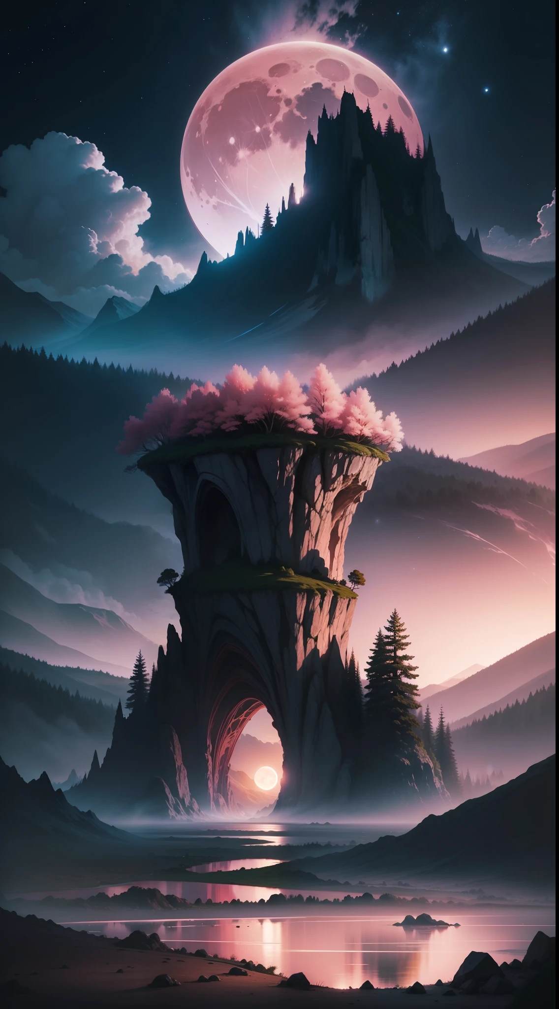 Natural fantasy landscape,nigh sky,borgar,Pink moon