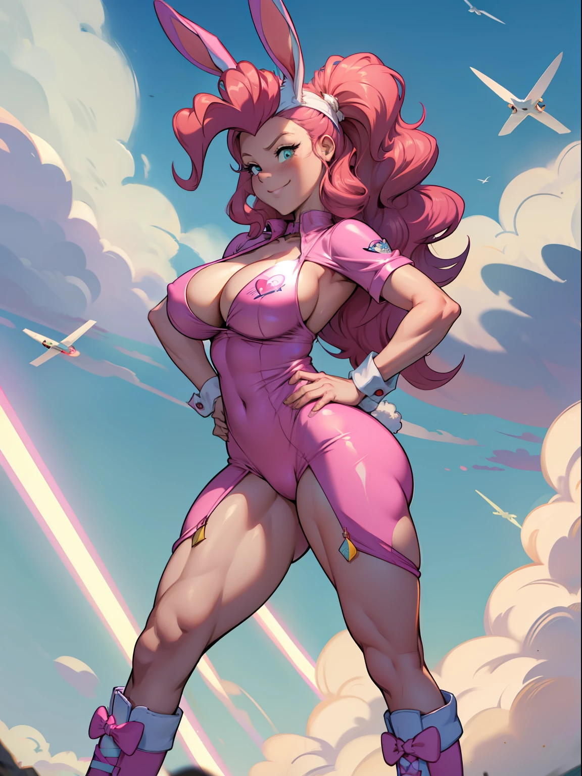 Pinkie Pie, Huge-breasts, Lush breasts, Elastic breasts, hairlong, Luxurious hairstyle, playboy bunny, bunny ears, bunny tail, pink bunny suit, Elegant boots, in the sky, brawn, in full height, smirk, Magic, Flight beam, beste-Qualit, Very detailed, 8K quality, in full height