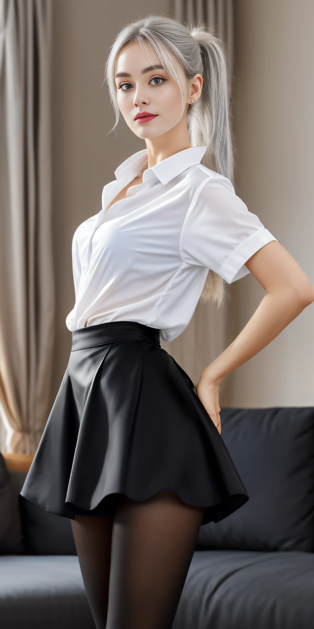1 girl! Ray tracing, best shadows, high resolution (dim lighting) detailed background (living room) fluffy silver hair, plump and slim girl, high ponytail in the ominous living room avoiding golden eyes (girl wearing white shirt, black wrinkled skirt, with black transparent pantyhose) shows a delicate slim figure and graceful curves, the position is correct and reasonable limbs! Put your hands behind your head, your fingers slender and slender! Dignified standing, facial details! Delicate facial features! Pay attention to the details of the position of the legs! Pay attention to hand details! High quality! More eligible! Reduce mistakes! The painting is more fine, ultra-detailed CG, and the picture is more reasonable! Pay attention to finger details! 8k wallpapers, masterpieces, double eye details! Reduce the difference in eye size! Limit the number of fingers!