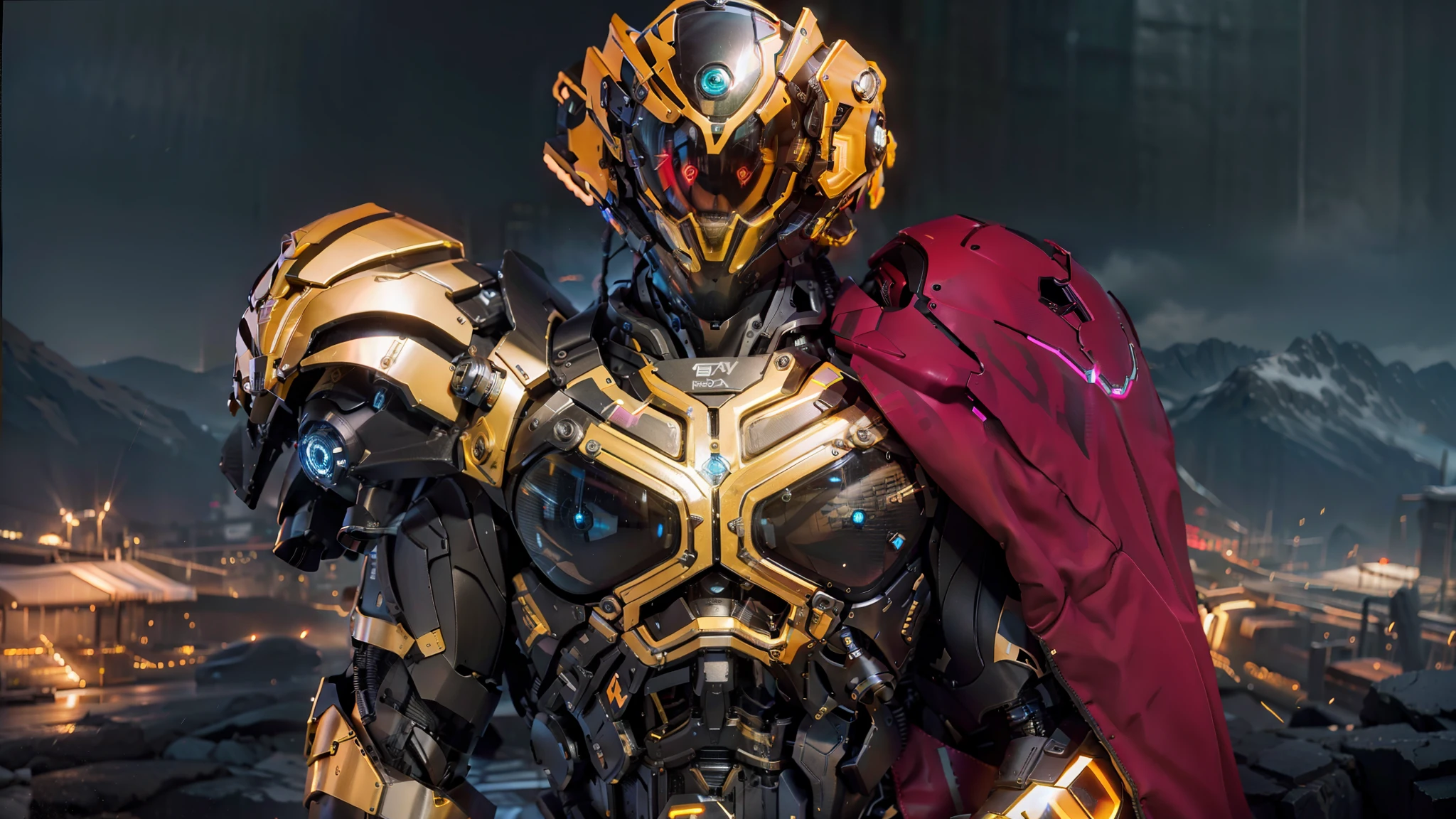 Realiy,photorealestic,Machinary,mechs,Technologie,musculous,glowing light eyes,Burly body,style of photography,Real scenery(Metallic texture 1.8)(Excess detail 2)(High resolution1.6)(4K clarity1.9)(Carbon fiber 1.5)(Metal reflection 1.5),Neon lights,obi strip(1:1),The lower half of a woman's face