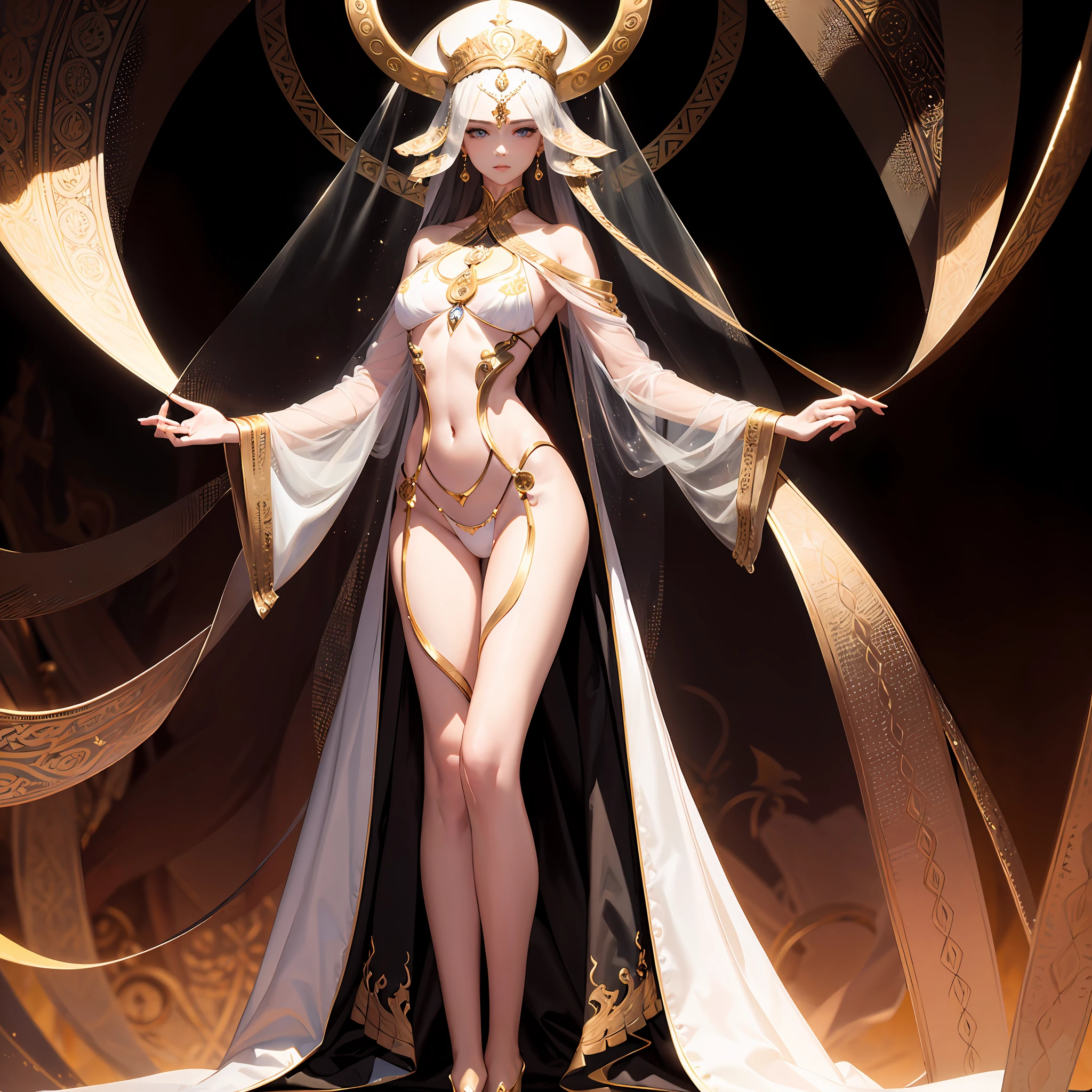 tmasterpiece，Beautiful goddess of the void，fully body pose，Gorgeous clothes with gold patterns，Full body white transparent bikini，Clear silk，Full-body standing，180cm tall，Slender legs，detail in face，Detailed body part details，8k wallpaper