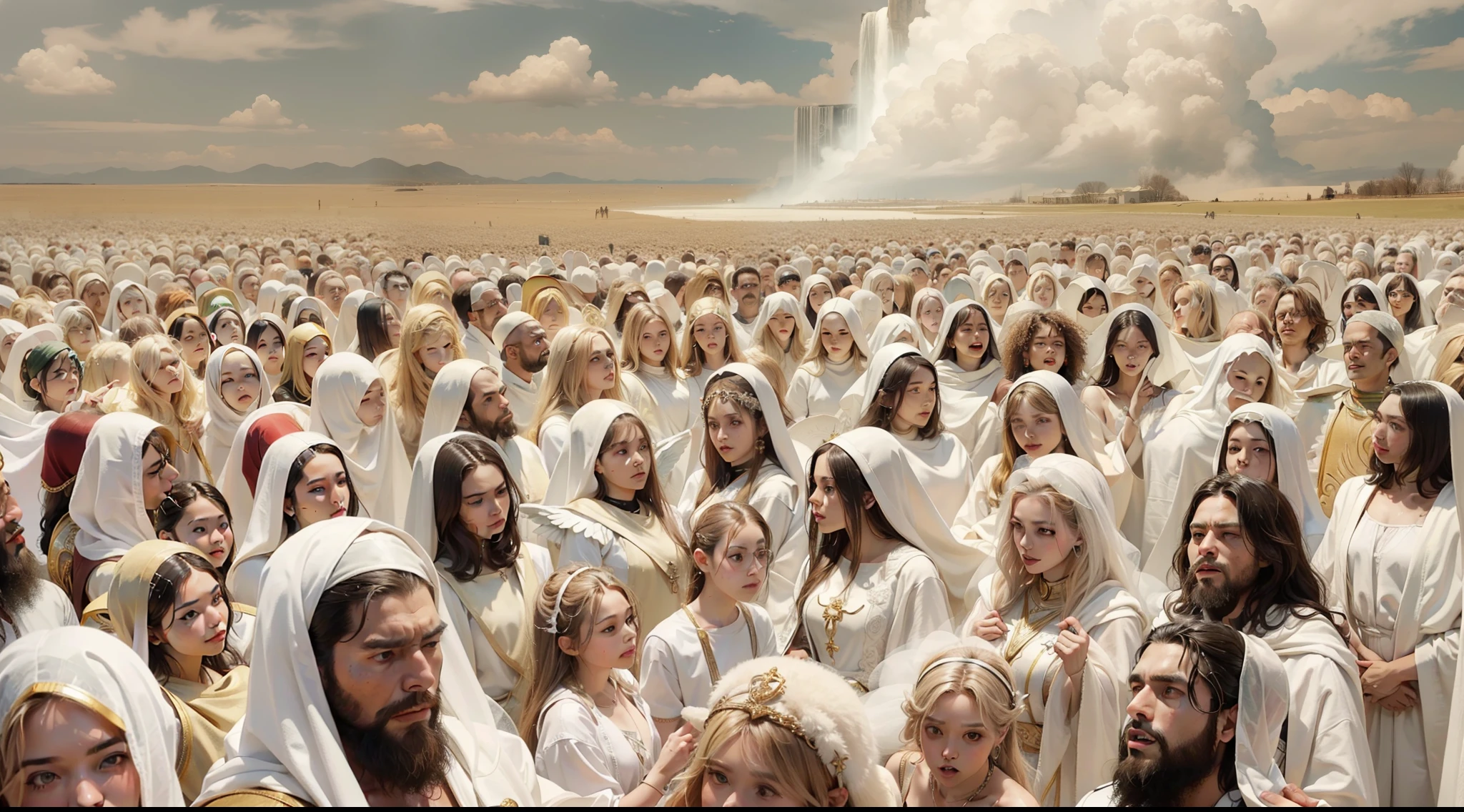 A stunning image depicting the Doomsday scenario, conforme descrito em Apocalipse 20:11. ((O trono branco onde Jesus se senta se destaca na cena)), The throne of Jesus is full of glory, Before Jesus an immense multitude of people, Everyone is in the clouds, There is no heaven or earth, simbolizando a majestade divina. Powerful angels are present, solemnly watching the opening of the books, representing the records of each individual's actions. an untold crowd of people, aguardando seu destino eterno. The mood is one of reverence and awe before the divine justice that will be established.