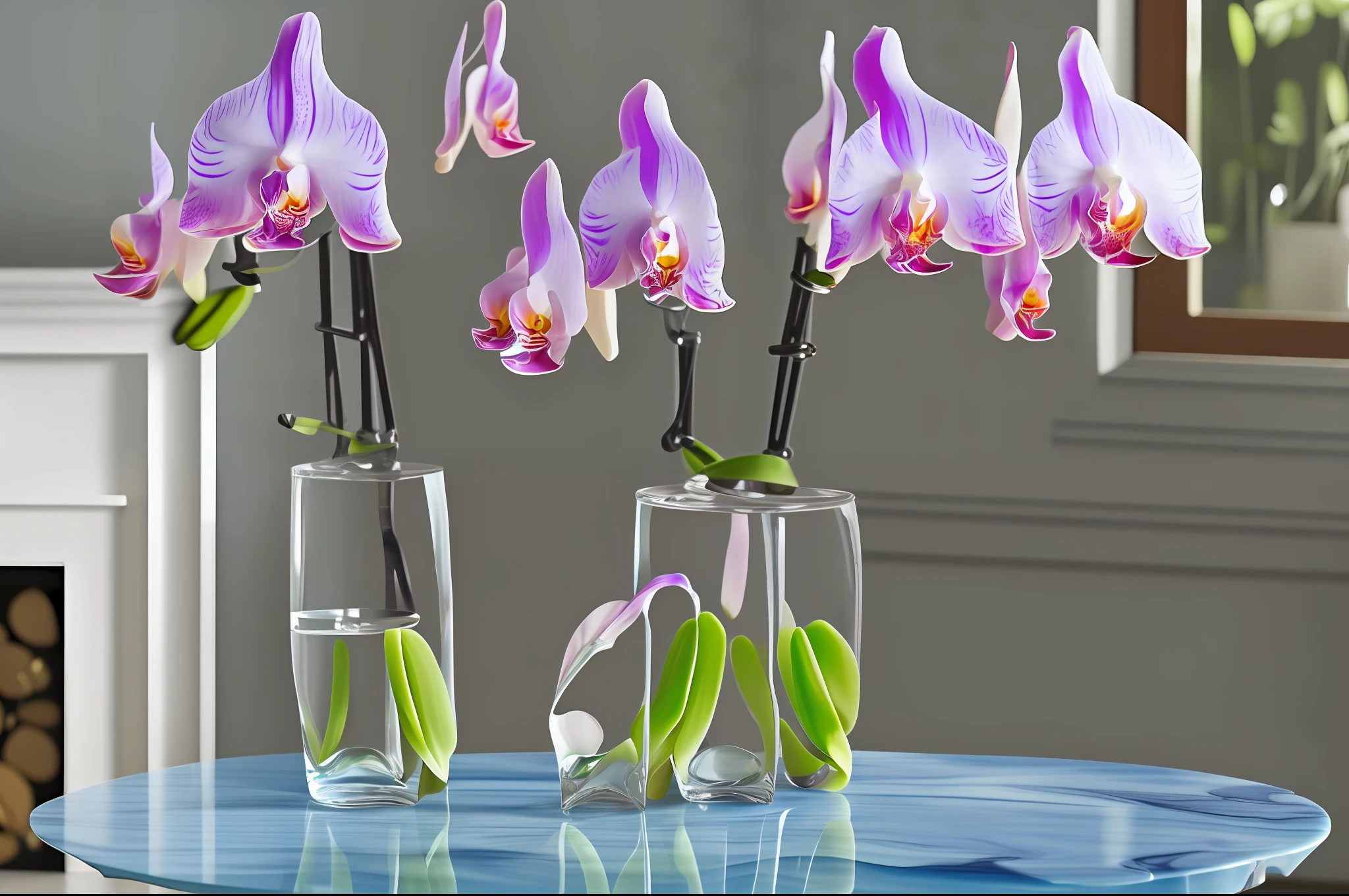 Blue and white orchids inside a glass jar that sits on top of a marble table (orchids:2) (jarro de vidro:1.5) (Marmore table:1.2) --auto --s2