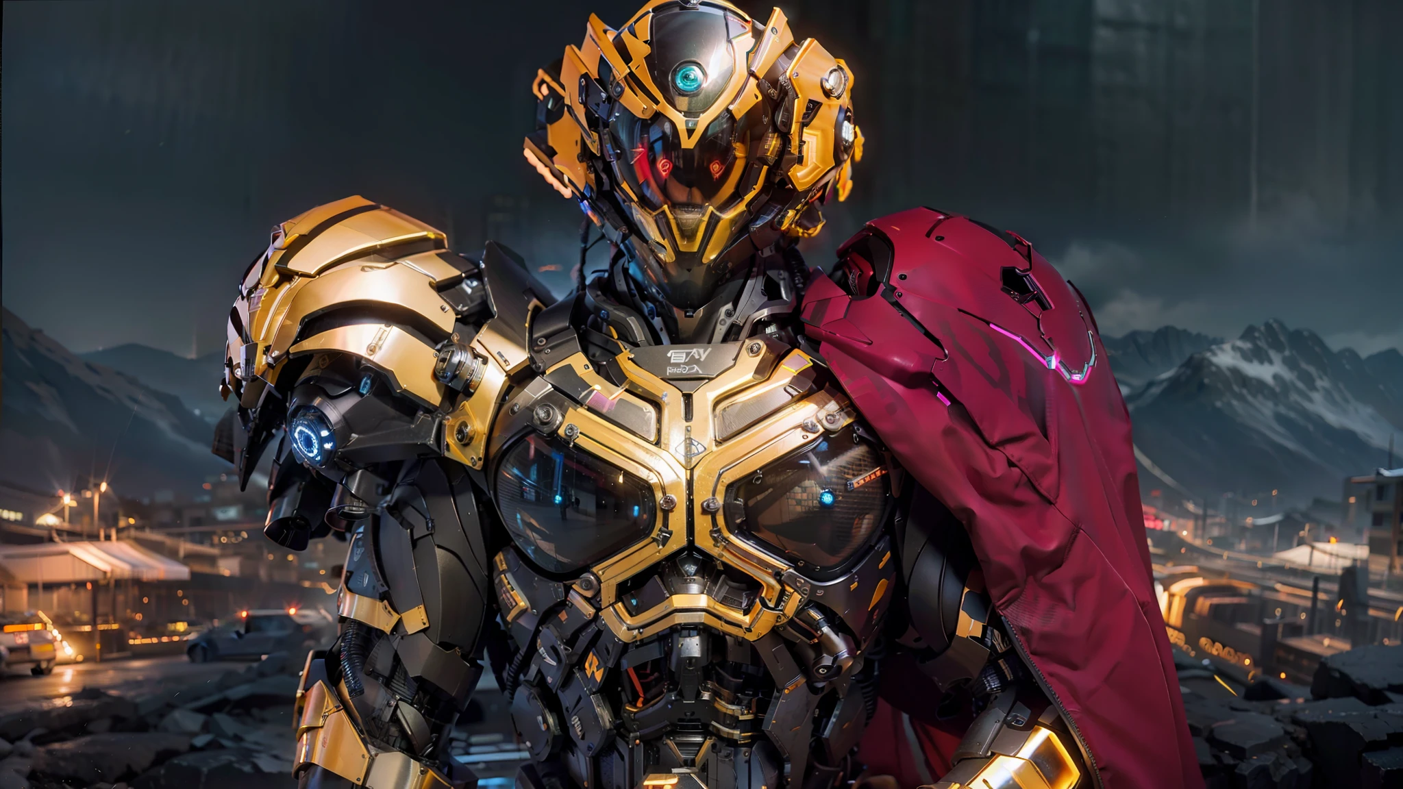 Realiy,photorealestic,Machinary,mechs,Technologie,musculous,glowing light eyes,Burly body,style of photography,Real scenery(Metallic texture 1.8)(Excess detail 2)(High resolution1.6)(4K clarity1.9)(Carbon fiber 1.5)(Metal reflection 1.5),Neon lights,obi strip(1:1),The lower half of a woman's face