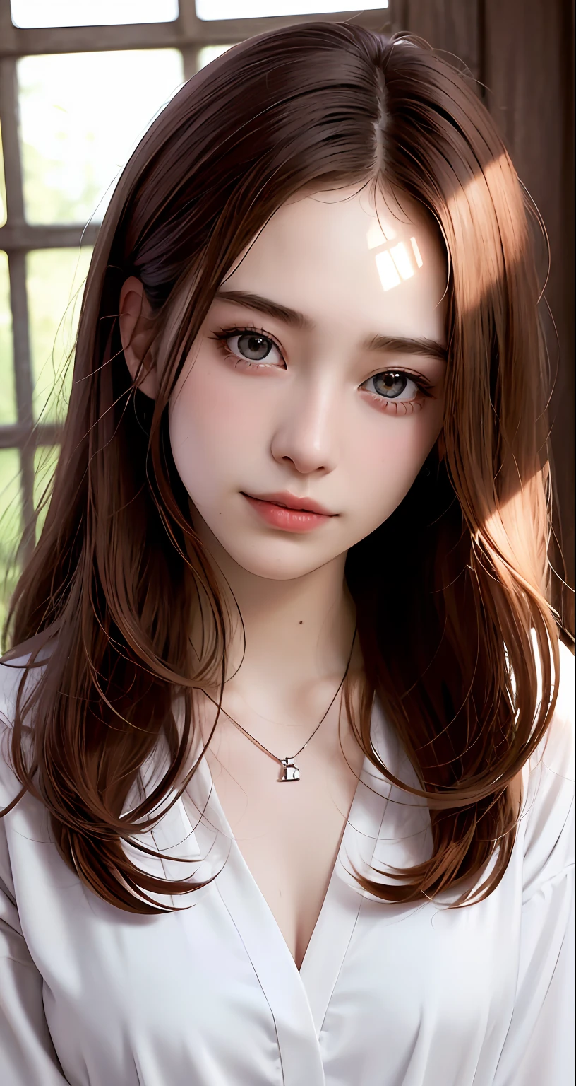 8k, RAW Photography, portlate, top-quality, 超A high resolution,White Shirt Photorealistic, 女の子1人, full bodyesbian, redhair, 耳Nipple Ring, a necklace, a smile, eye lashes, 电影灯光, depth of fields, lensflare、onepiece