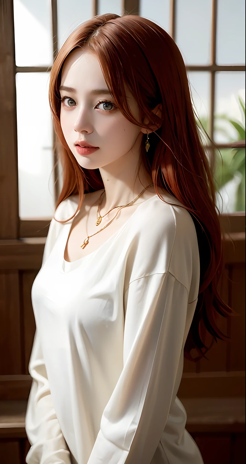 8k, RAW Photography, portlate, top-quality, 超A high resolution,White Shirt Photorealistic, 女の子1人, full bodyesbian, redhair, 耳Nipple Ring, a necklace, a smile, eye lashes, 电影灯光, depth of fields, lensflare、onepiece