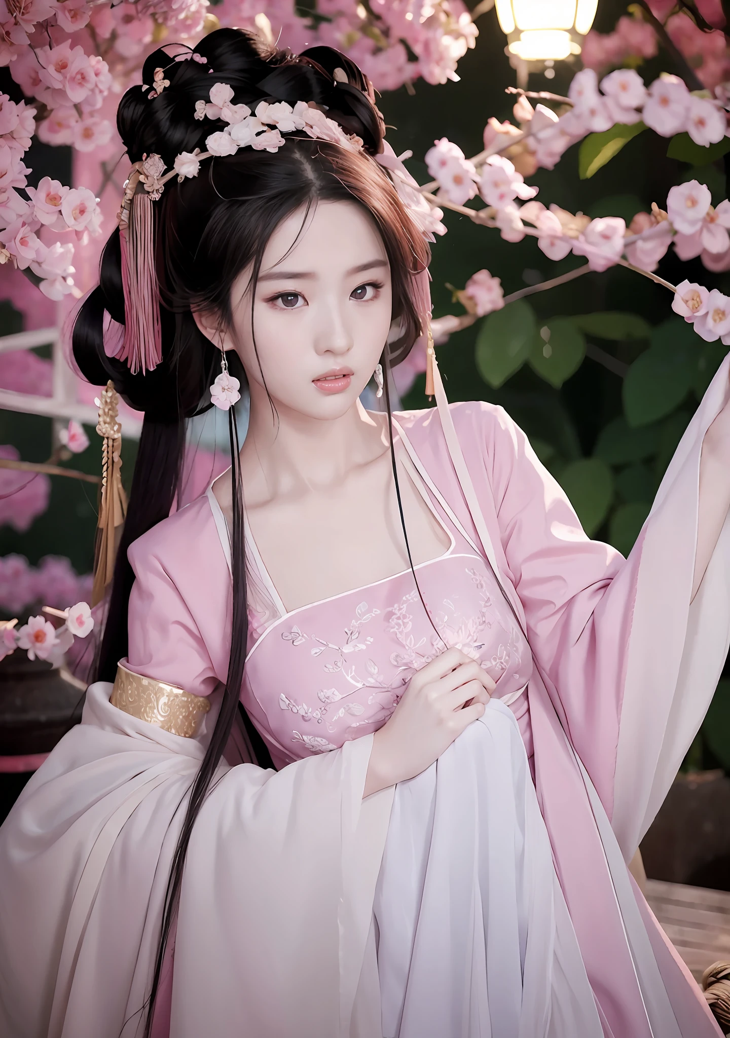 (ulzang-6500-v1.1:0.4), 1girll, Kpop idol, Yae Miko,Detailed face,Long-legged shooting,full bodyesbian, Masterpiece, Best quality, (Extremely detailed Cg Unity 8K wallpaper, Masterpiece, Best quality, Ultra-detailed, Best shadow), (Detailed background), (Beautiful detailed face, Beautiful detailed eyes), High contrast, (Best illumination, An extremely delicate and beautiful), Detached sleeves, Pink hair, Long hair, Best quality, (Photorealistic:1.2), (hair adornments:1.35), jewelry, Purple eyes, Earrings, Large breasts, Torii, Cherry blossoms, Lantern light, Depth of field, Detailed face, Face focus, (view the viewer:1.25), Shiny skin, Long sleeves