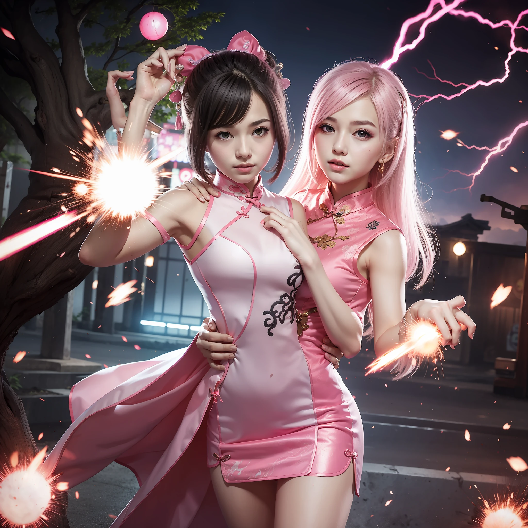 Pink cheongsam+teens girl+Hold it+Tree-like lightning+Explosive effect