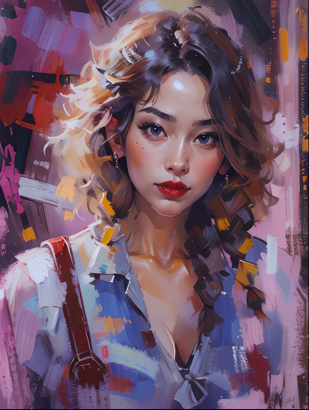 Modern Asian city，Beautiful girl，White color blouse，Denim suspenders，cabelos preto e longos，curlies，Twist braids，Sexy and seductive red lips，closeup cleavage，Close-up strengthened，portraitures，oil painted，inks，acrycle painting，tmasterpiece，Renaissance style，best qualtiy，A high resolution，super-fine，Eyes detailed，Face detailed，hair detail，Accurate，（Clear eye focus close-up：1.4）