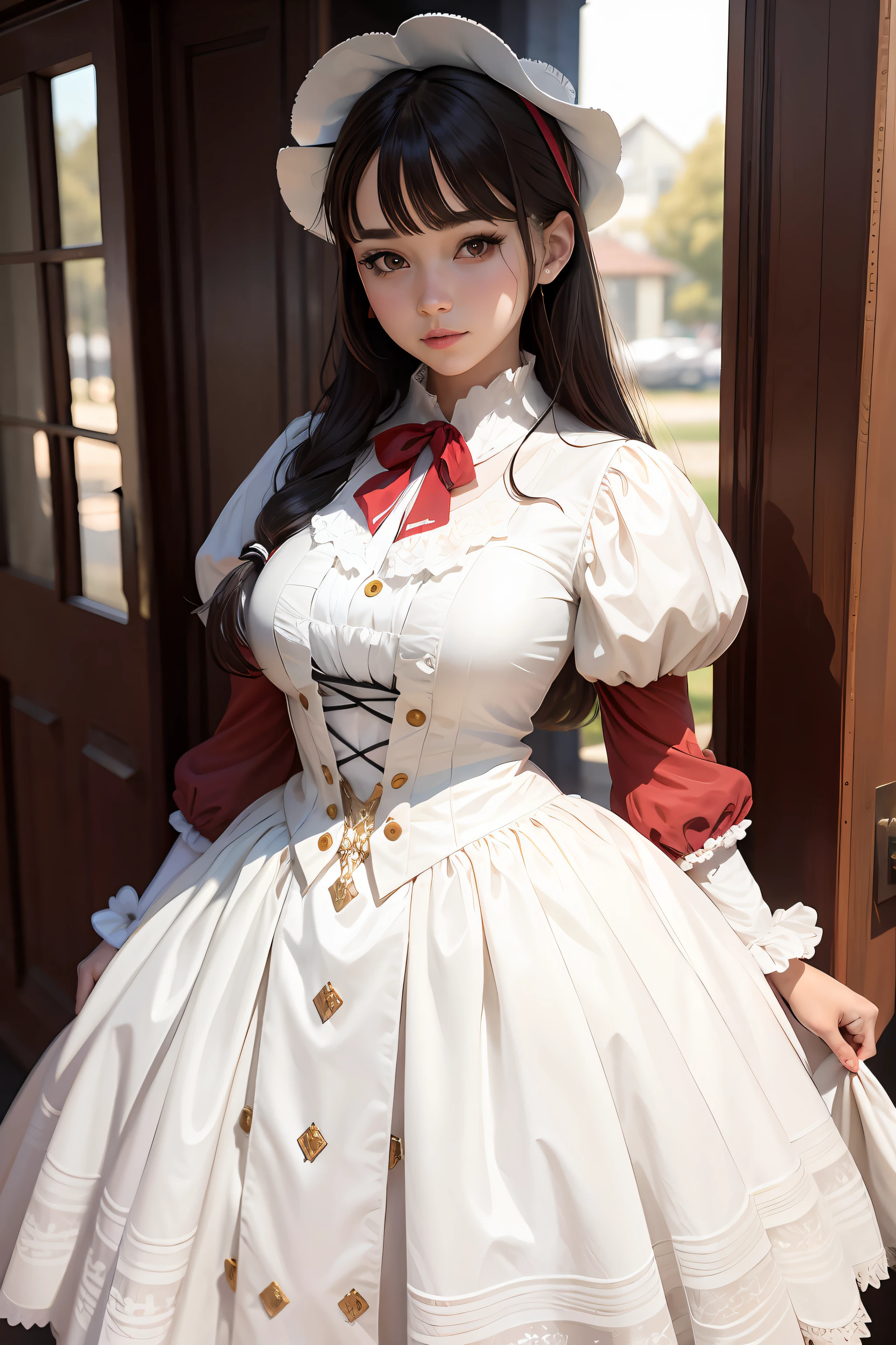 There is a woman in a white dress and hat posing for a photo, cosplay of a catboy! maid! dress, Anime girl cosplay, Gorgeous Role Play, tohsaka-rin, anime girl in a maid costume, Anime cosplay, Albedo from Overlord, cosplay foto, Maid outfit, Maid dress, cosplay, steampunk beautiful anime woman, small curvaceous loli