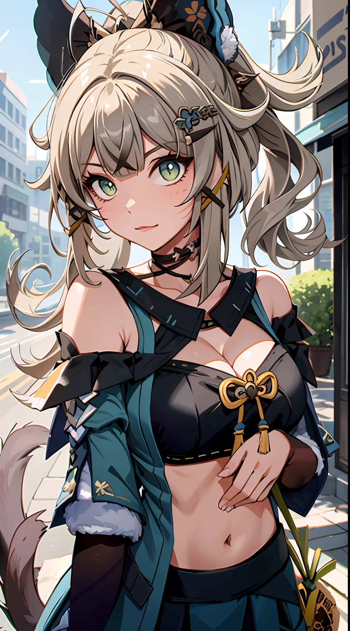 tmasterpiece， Best quality at best， 1girll， greybackground，（Off-the-shoulder attire:1.3)，little breast，cleavage，a cat tail，particle fx，upperbody closeup，City streets，depth of fields