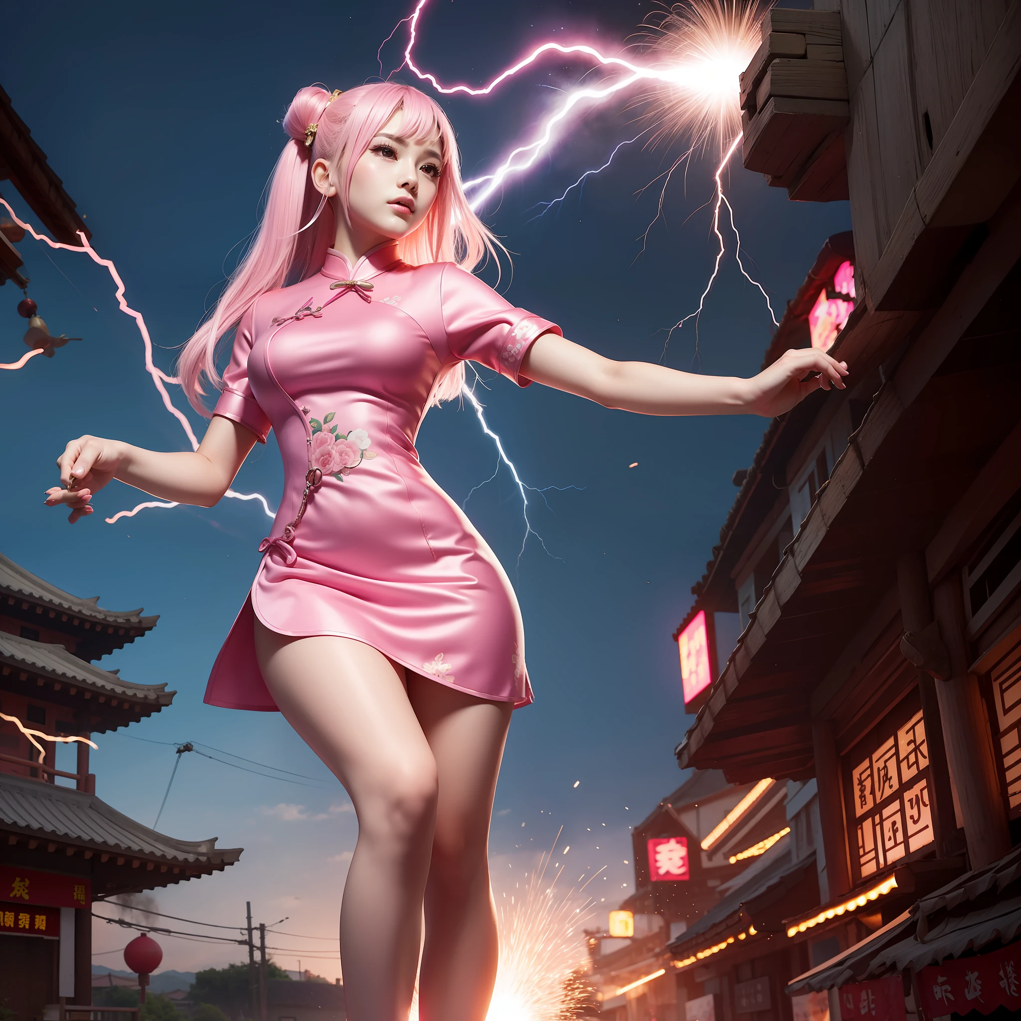 Pink cheongsam+teens girl+Hold it+Tree-like lightning+Explosive effect