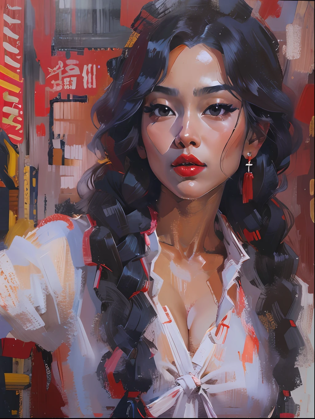 Modern Asian city，Beautiful girl，White color blouse，Denim suspenders，cabelos preto e longos，curlies，Twist braids，Sexy and seductive red lips，closeup cleavage，Close-up strengthened，portraitures，oil painted，inks，acrycle painting，tmasterpiece，Renaissance style，best qualtiy，A high resolution，super-fine，Eyes detailed，Face detailed，hair detail，Accurate，（Clear eye focus close-up：1.4）