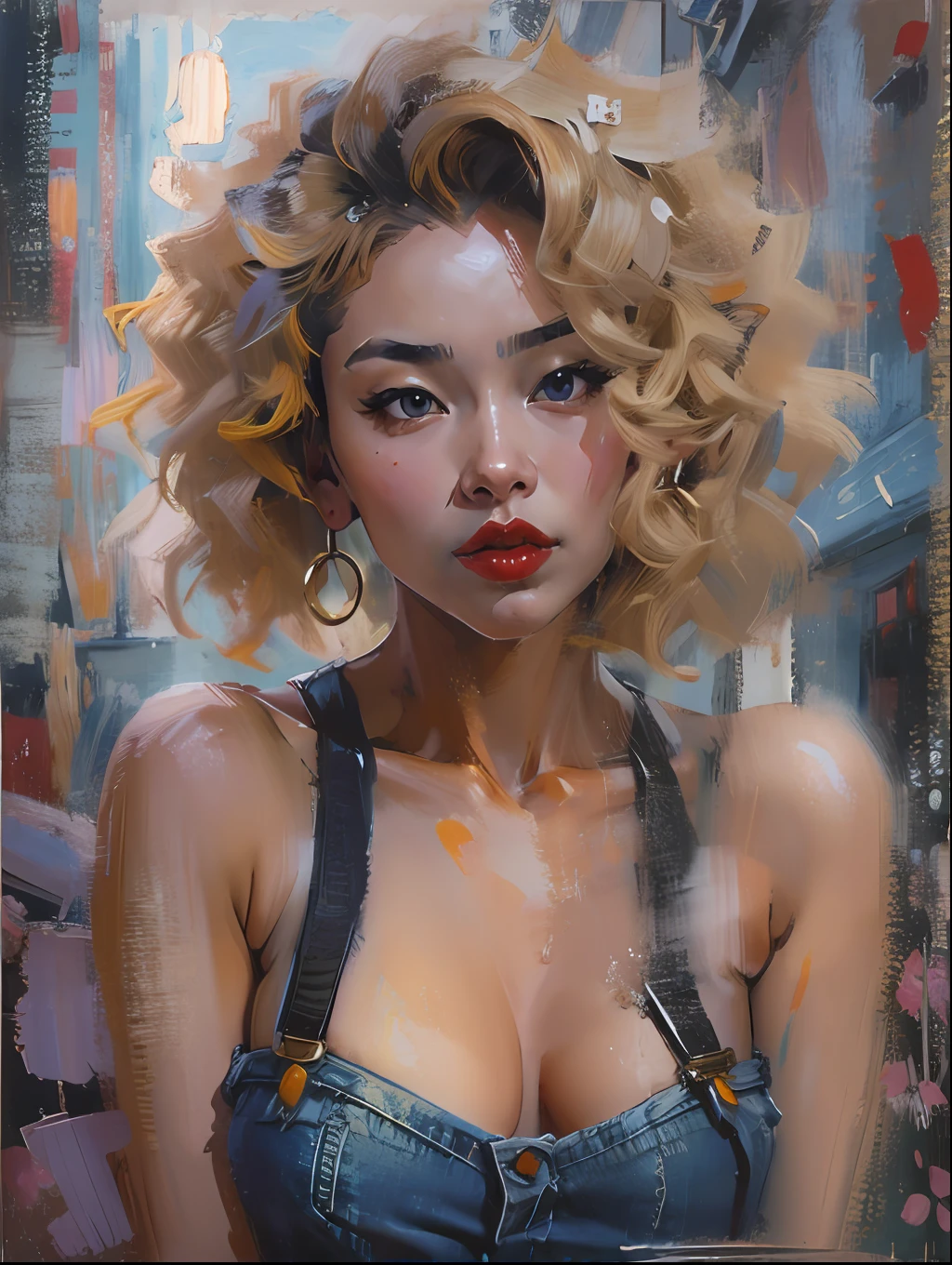 Modern Asian city，Beautiful girl，Denim suspenders，cabelos preto e longos，curlies，Sexy and seductive red lips，closeup cleavage，Close-up strengthened，portraitures，oil painted，inks，acrycle painting，tmasterpiece，Renaissance style，best qualtiy，A high resolution，super-fine，Eyes detailed，Face detailed，hair detail，Accurate，Clear eye focus close-up