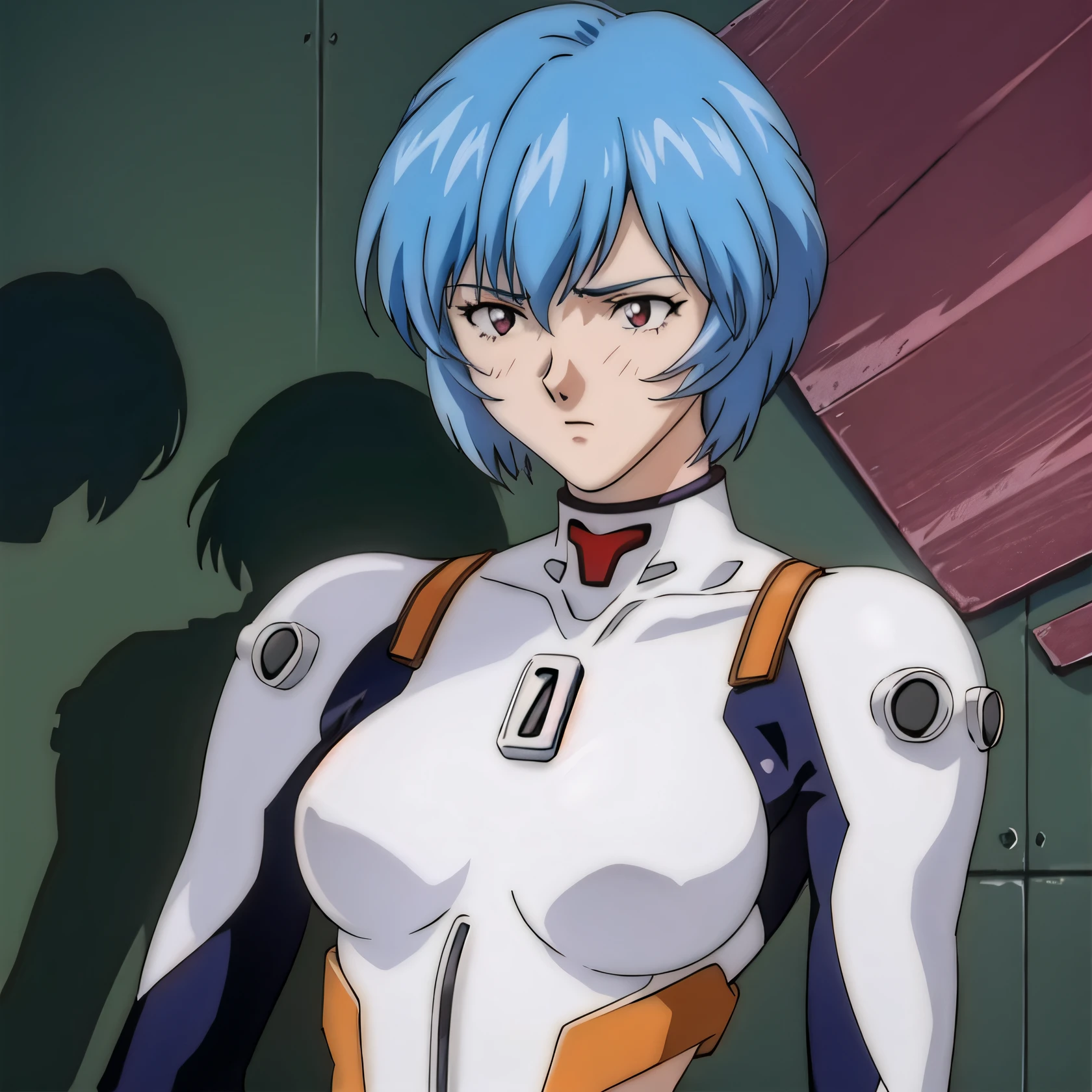 1girl, collarbone, impossible clothes, masterpiece, best quality, extremely detailed 8K wallpaper, skin tight, ultra detailed, volumetric lighting, light, shinny, shiny clothes, best anatomy, detailed eyes, beautiful eyes, best shadow, ultra detailed,  retro artstyle, 1990s (style), ayanamirei, plugsuit, solo,