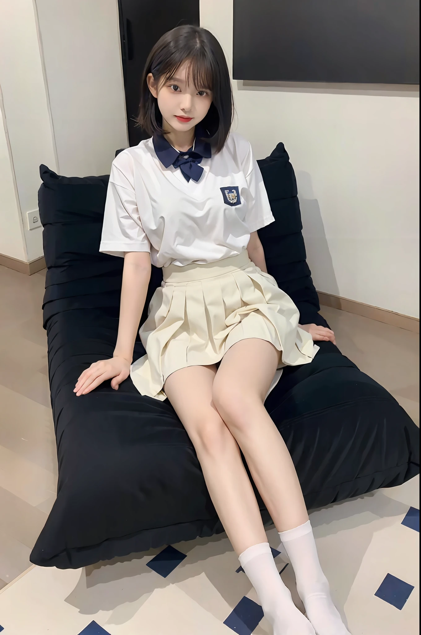 looks into camera,Pupil correction,Best quality at best,tmasterpiece,超高分辨率,(realisticlying:1.4),teens girl,Juvenile,Wear socks,High ponytail