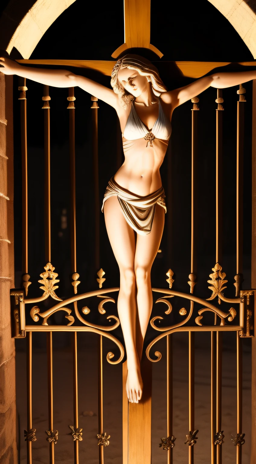 uma mulher de cabelos loiros, corpo inteiro, morta, Crucified with arms outstretched barefoot, suspended from a gate of iron railings, olhos arrancados e sangrando, head down, roupas rasgadas, little lighting, chovendo, in the nighttime, estilo realidade