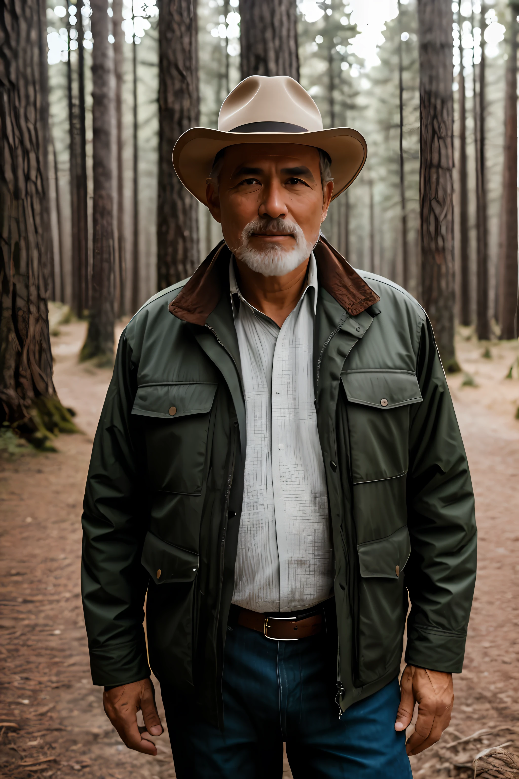 Raw foto, a portrait photo of 55 y.o man, traveler clothes, standing in the forest, natural skin, 8K UHD, High Quality, film grain, FUJIFILM XT3