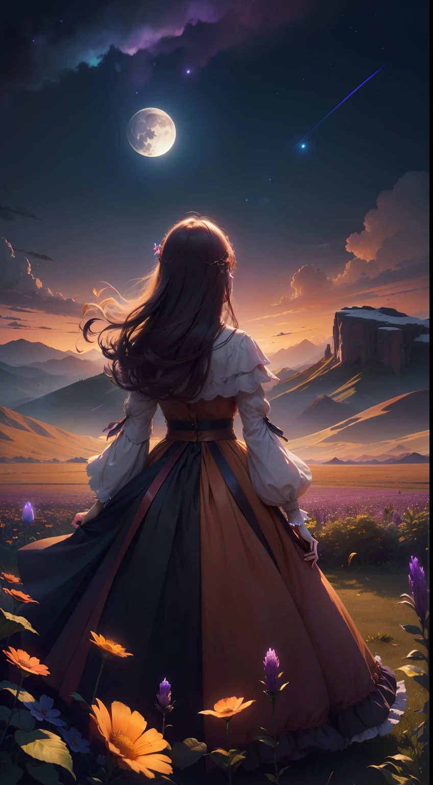 A wide landscape photo, (viewed from below, the sky is above, and the open field is below), a girl standing on a flower field looking up, (full moon: 1.2), (meteor: 0.9), (nebula: 1.3), distant mountains , Trees BREAK Crafting Art, (Warm Light: 1.2), (Firefly: 1.2), Lights, Lots of Purple and Orange, Intricate Details, Volumetric Lighting BREAK (Masterpiece: 1.2), (Best Quality), 4k, Ultra Detailed, (Dynamic Composition: 1.4), Rich in Detail and Color, (Rainbow Color: 1.2), (Glow, Atmospheric Lighting), Dreamy, Magical, (Solo: 1.2)