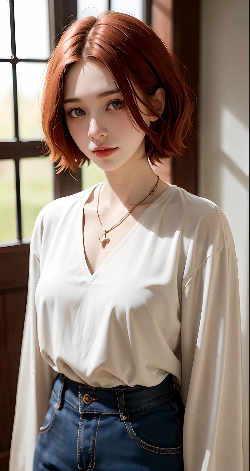 8k, RAW Photography, portlate, top-quality, 超A high resolution,White shirt、short-hair、Photorealsitic, 1人, full bodyesbian, redhair, 耳Nipple Ring, a necklace, a smile, eye lashes, 电影灯光, depth of fields, lensflare、onepiece