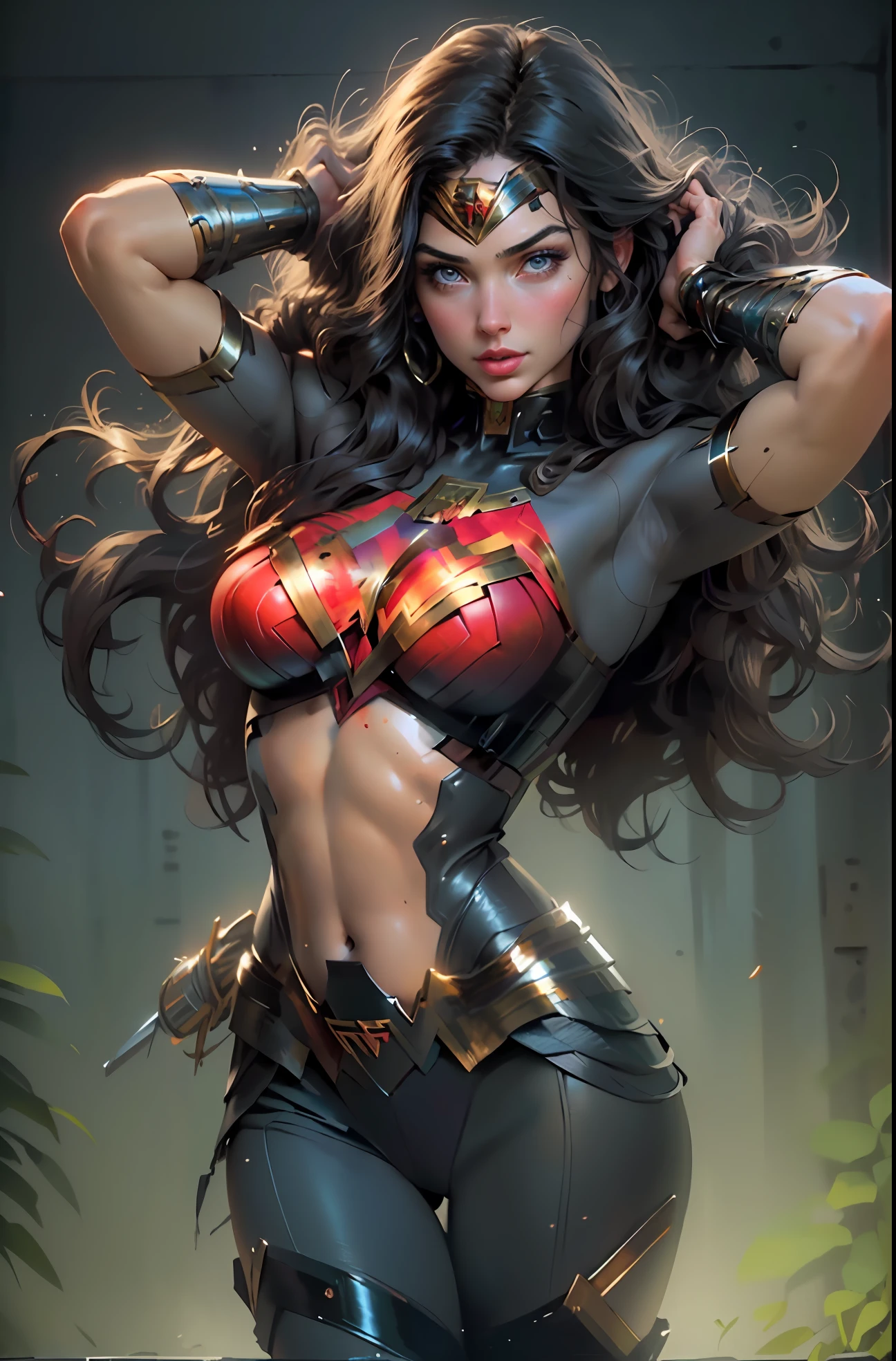 (best quality)), ((masterpiece)), ((realistic)), (detailed), detailed face, wonder woman (gal gadot)Beautiful woman (20s, long black hair, blue eyes) defined, detailed body, wearing tube dress wonder woman(((huge breasts)))