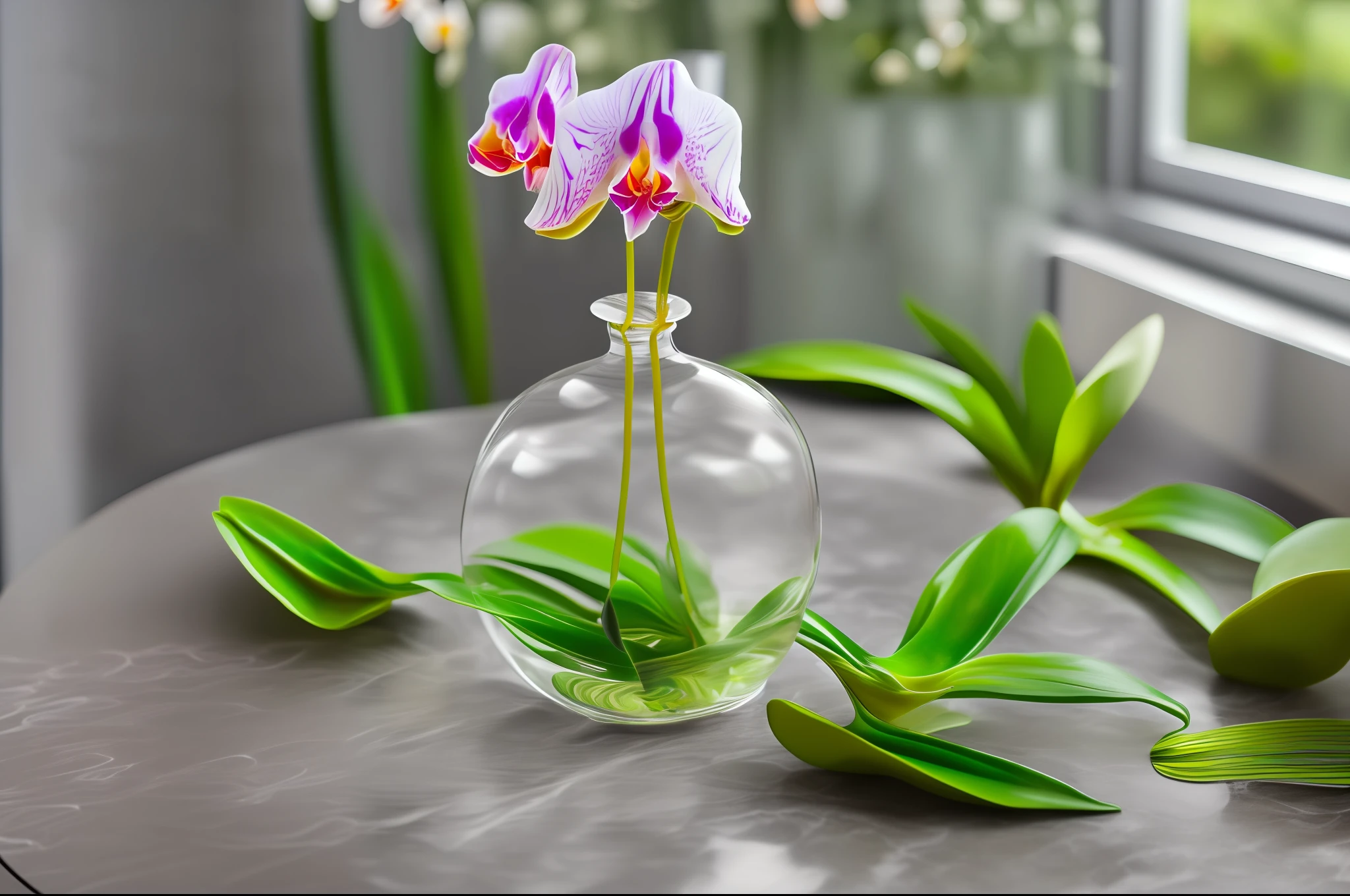Blue and white orchids inside a glass jar that sits on top of a marble table (orchids:2) (jarro de vidro:1.5) (Marmore table:1.2) --auto --s2