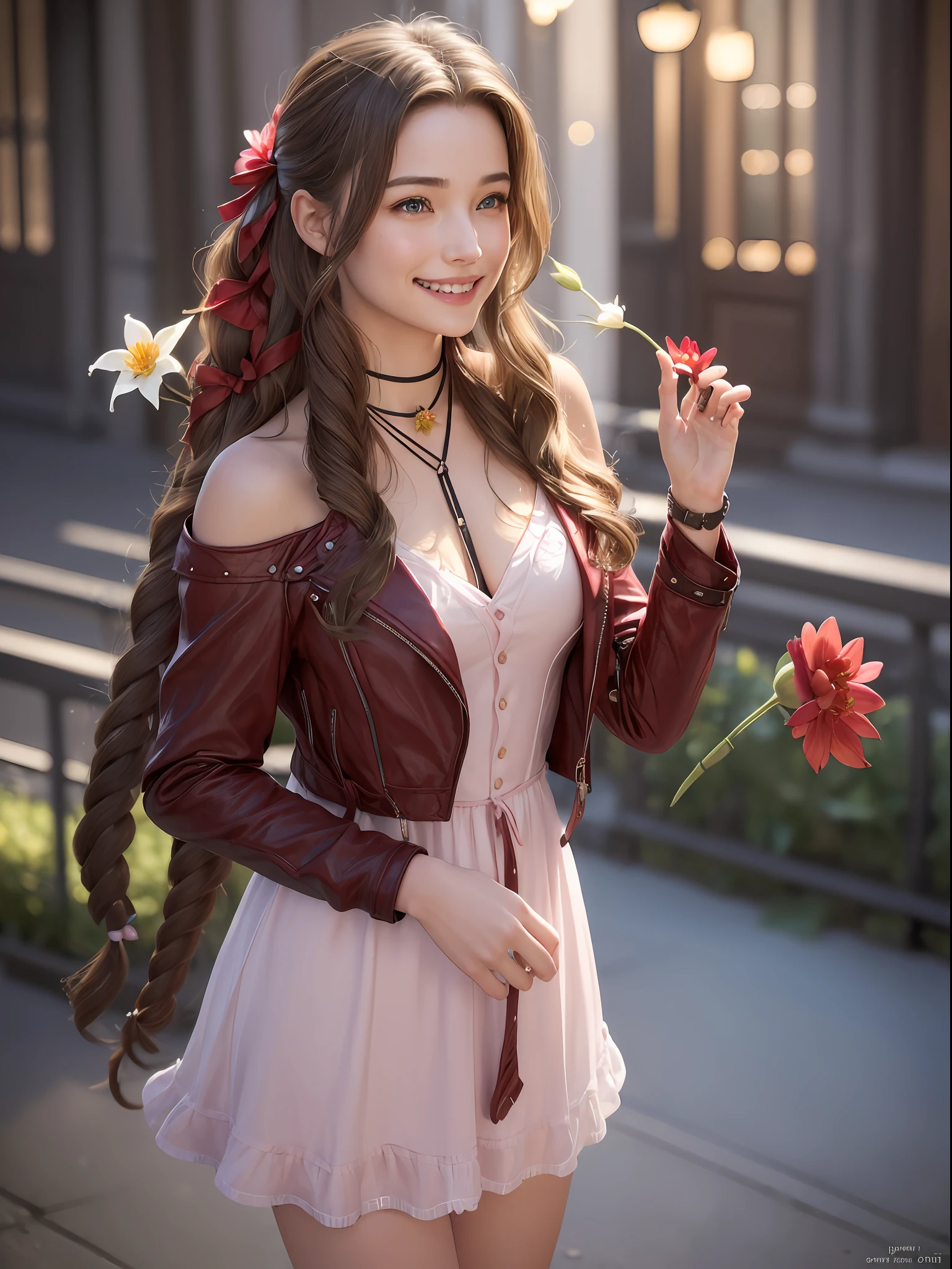 (masterpiece, best quality:1.4), (future days), (standind:1.2), (happy smile:1.5), (offering a flower to the viewer:1.5), (1girl), solo, (european youth:1), aerith gainsborough, choker, cropped jacket, hair bow, bracelet, pink dress, brown boots, very long hair, hair ribbons, hair flowers, strapless red dress, high heels hyperrealistic, high detailed skin, dslr, soft lighting, high quality, highly detailed face, highly detailed skin, skin pores, subsurface scattering, realistic pupils, medium breast, full face blush, full lips, detailed background, depth of field, volumetric lighting, sharp focus, absurdres, realistic proportions, good anatomy, (realistic, hyperrealistic:1.4), 16k hdr,
