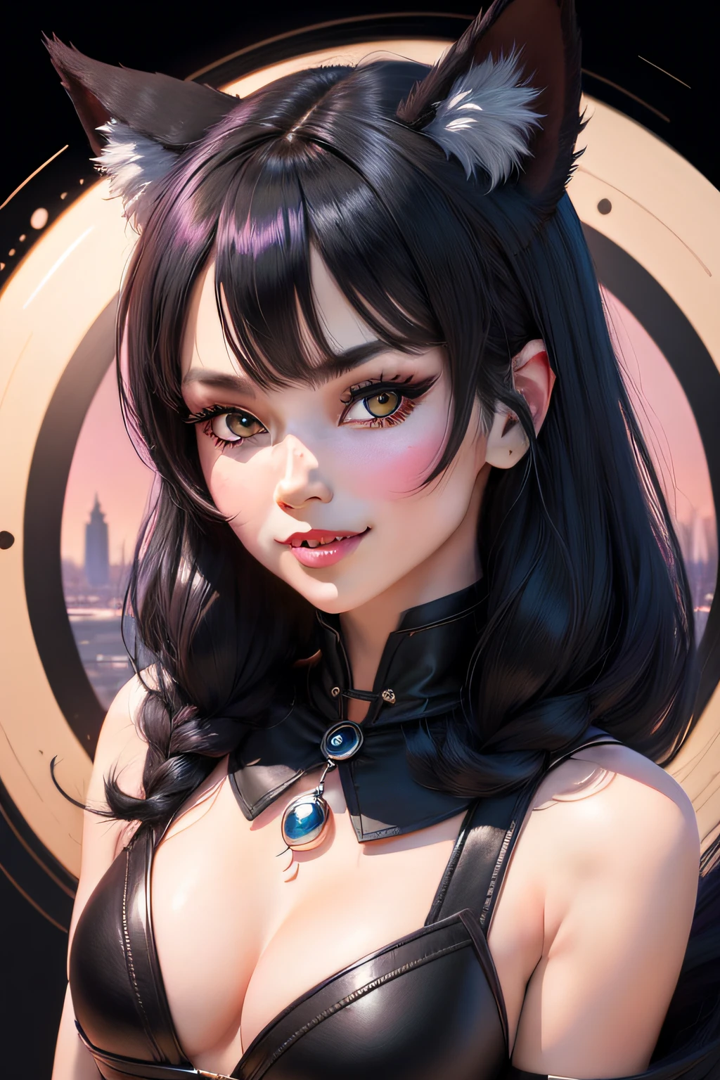 black hair, hair bobbles, wince, longeyelashes, solid circle eyes, fake animal ears, light smile, ear blush, fang, streaked hair, Surrealism, drop shadow, anaglyph, stereogram, tachi-e, pov, atmospheric perspective, Art Deco, 8k, super detail, ccurate