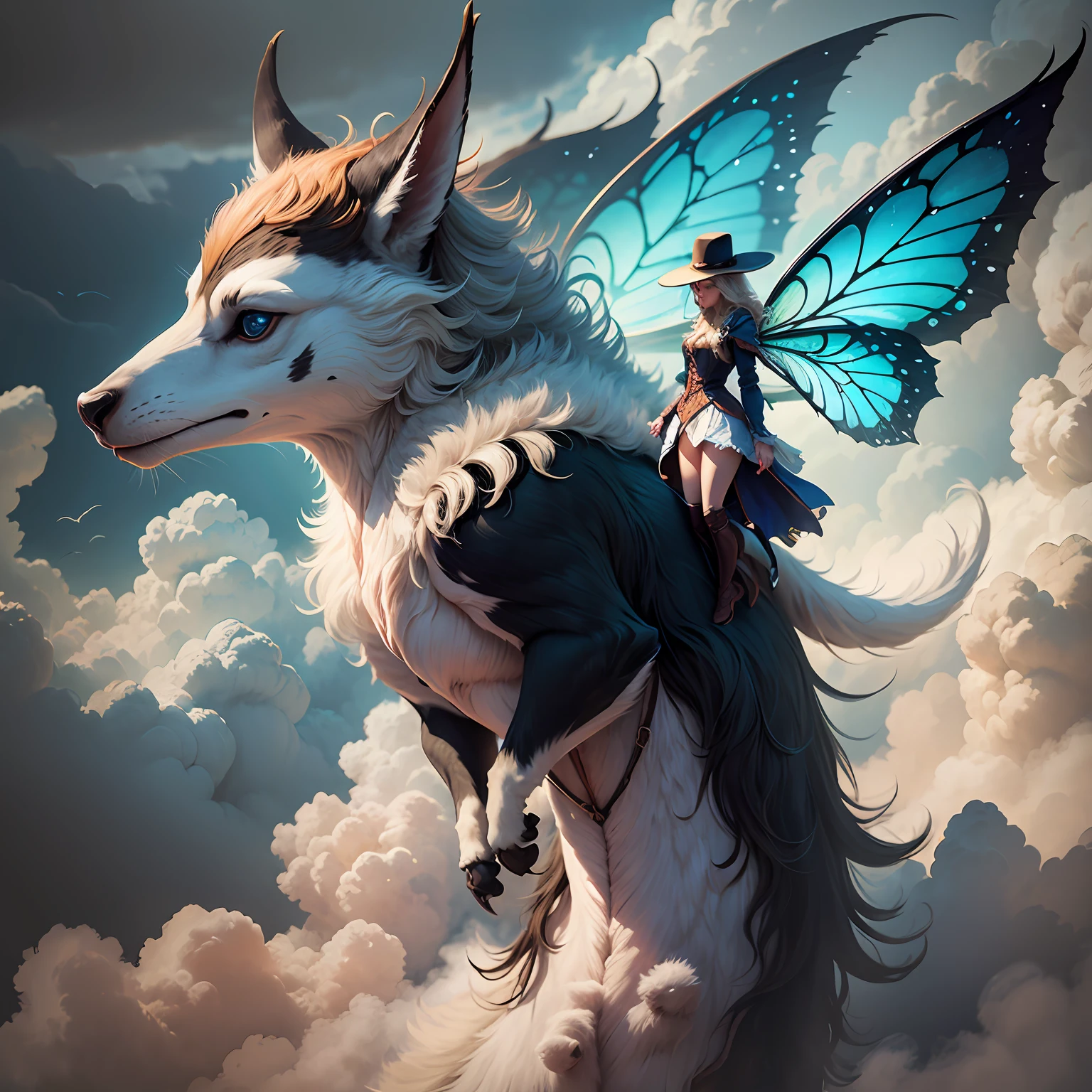 dynamic scene. fantasy tale. Funny and funny flights of fabulous fantasy very big animals, in a dream, among the clouds. Fairy clothes and hats. Close-up, in full growth. super photorealistic, cinematic, lots of detail, against a black blurred background --auto --s2