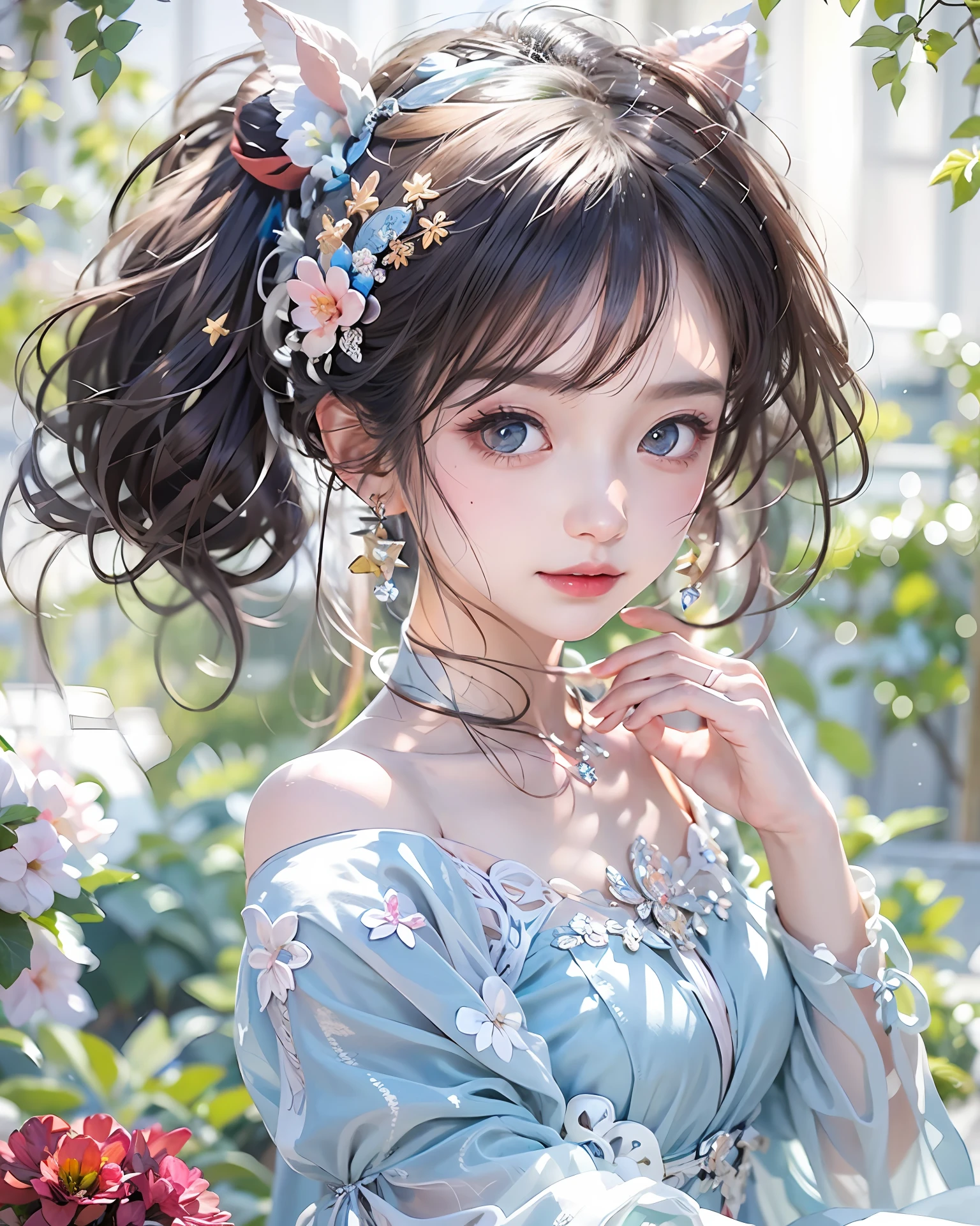 Best quality, Masterpiece, hyper HD, 8K，blend，1girll，Black hair, pony tails, kanzashi, red hairband, Star-shaped pupils, Moles under eyes, Crystal earrings, Blush, Shy, nose blush, romanticism lain, Nice face，Light blue dress，lakeside，clubs，early evening，