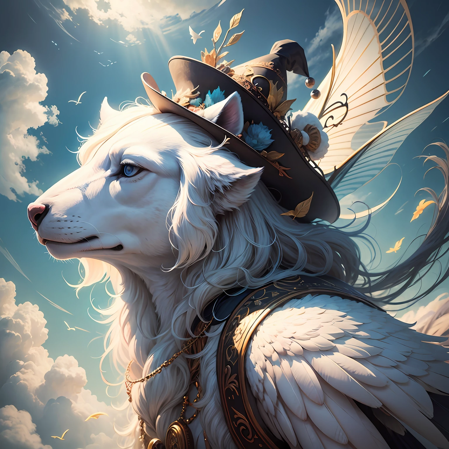 dynamic scene. fantasy tale. Funny and funny flights of fabulous fantasy very big animals, in a dream, among the clouds. Fairy clothes and hats. Close-up, in full growth. super photorealistic, cinematic, lots of detail, against a black blurred background --auto --s2