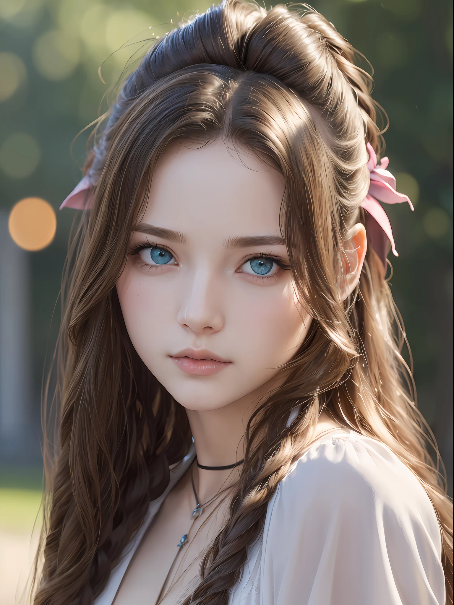 (masterpiece, best quality:1.4), (future days), (close-up), (looking to the viewer:1.5), (1girl), solo, (european youth:1), aerith gainsborough, choker, hair bow, very long hair, hair ribbons, hair flowers, hyperrealistic, high detailed skin, dslr, soft lighting, high quality, (highly detailed face:1.5), (highly detailed eyes:1.5), highly detailed skin, skin pores, subsurface scattering, realistic pupils, full face blush, full lips, detailed background, depth of field, volumetric lighting, sharp focus, absurdres, realistic proportions, good anatomy, (realistic, hyperrealistic:1.4), 16k hdr,