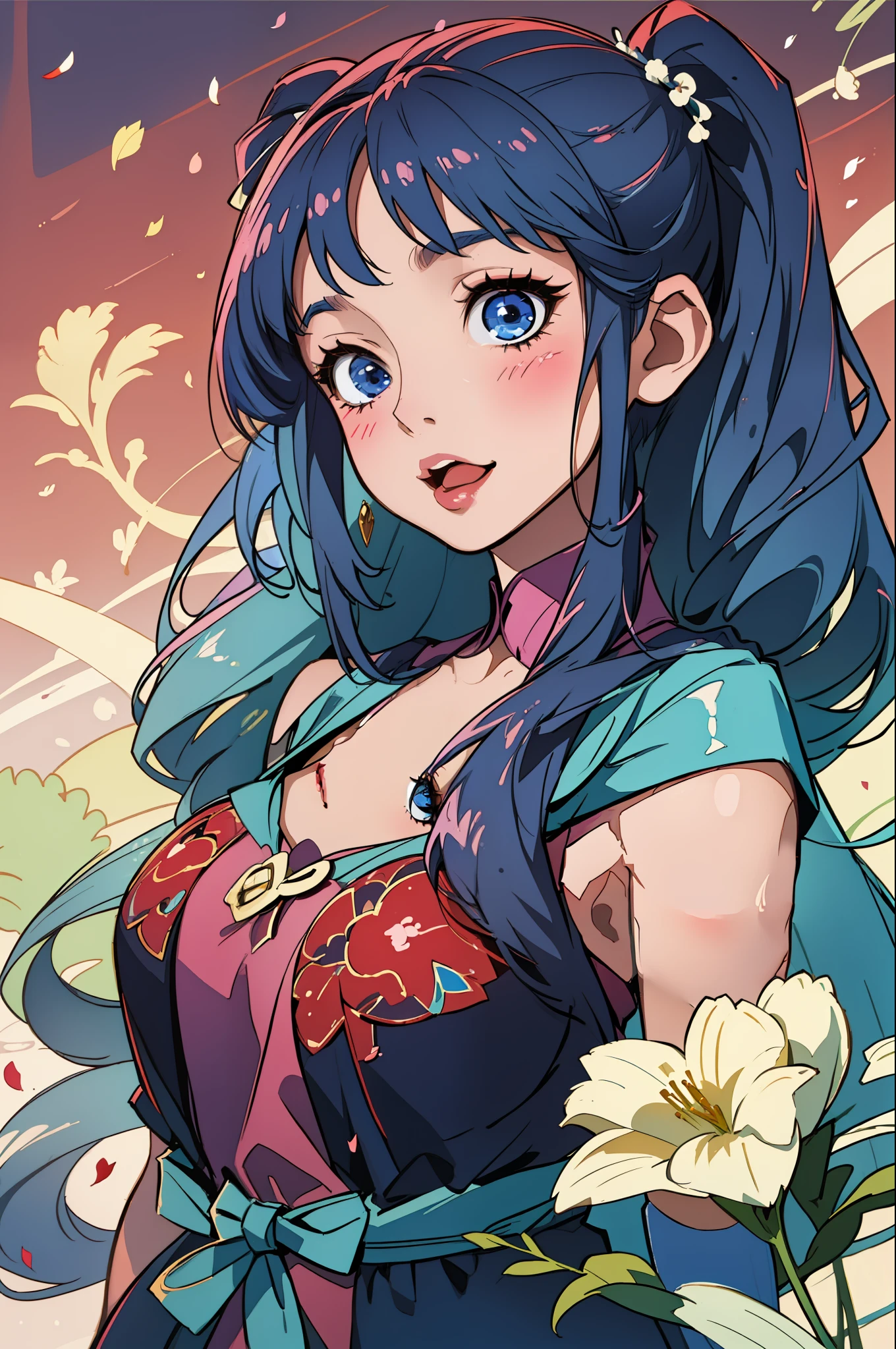 obra-prima, melhor qualidade, ultra-detalhado, absurdres, colorido, 1girl, solo, (olhos rosa: 1.0), (cabelo azul, gradient hair, franja romba, twintails: 1.0), olhos detalhados, olhos arregalados, Cilia, faixa de cabelo, (sorriso: 0.8), mid chest, particuls, (vista lateral: 0.5), parte superior do corpo, ao ar livre, horizonte, tema rosa, capuz azul, jardineiro , rainbowart, mangas longas, pastel, kawaii, Heart, (fundo gradiente: 0.8), sol, adesivos de blush, head tilt,  Petals