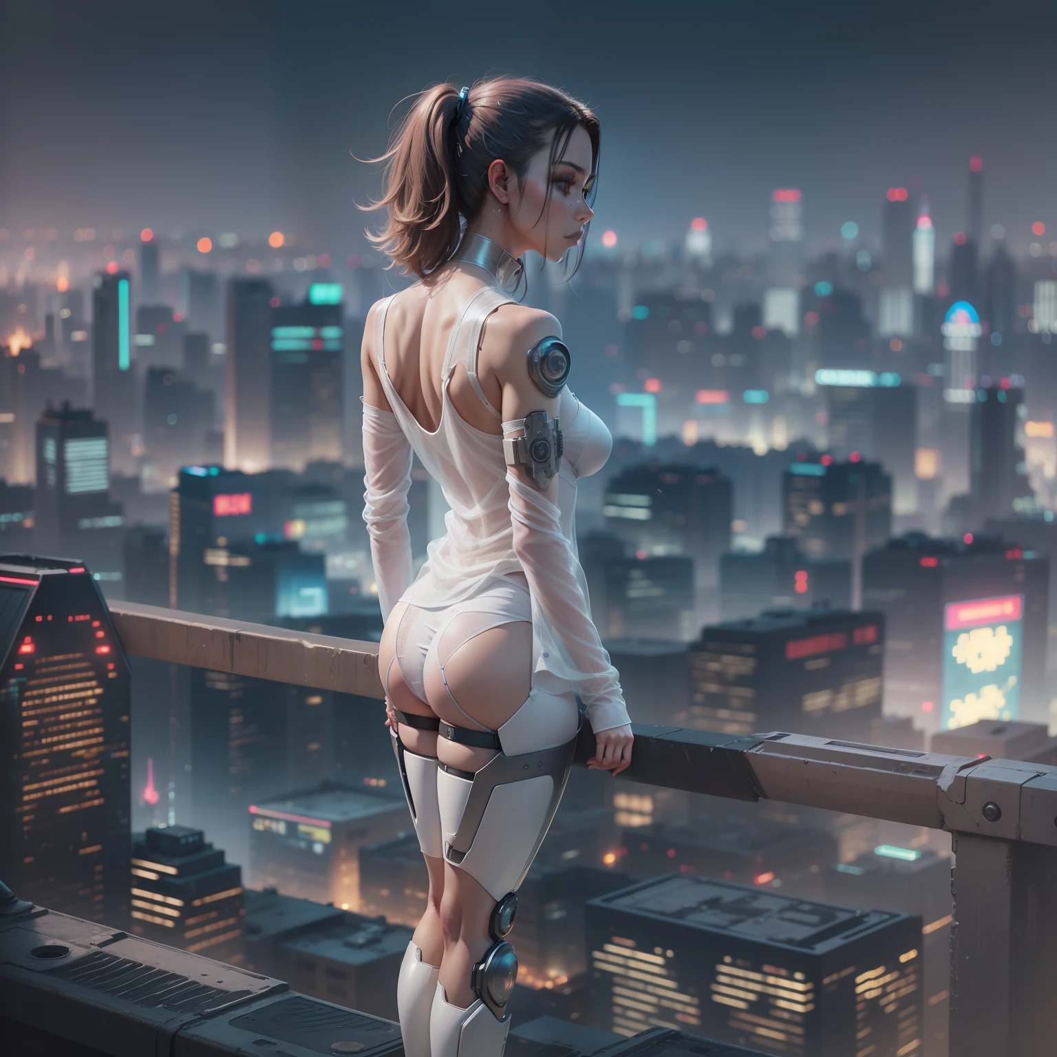 Dystopian, [sci-fi], High Detail RAW color Photo, Full Shot, rear angle, of (cute female arterial intelligence, wearing see-through white chemise), outdoors, standing, on overlook, looking out at sprawling cyberpunk city skyline), toned physique, large ass, (pale skin), perfect face, seductive look, (cybernetic implants:1.2), (augmentations), (cyborg:1.1), (detailed skin, diffused skin pores), silicone, metal, (highly detailed, fine details, intricate), (lens flare:0.5), (bloom:0.5), smog, dust, (badlands:0.8), (observitory:0.7), raytracing, specular lighting, shallow depth of field, photographed on a Sony Alpha 1, EF 85mm lens, f/2.8, hard focus, smooth, cinematic film still, [Cyberpunk:Orwelian:12]