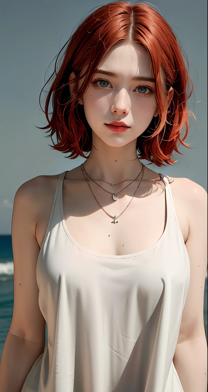 8k, RAW Photography, portlate, top-quality, 超A high resolution,Tank tops、short-hair、piercings、Photorealsitic, 1人, full bodyesbian, redhair, a necklace, a smile, eye lashes, 电影灯光, depth of fields, lensflare、onepiece