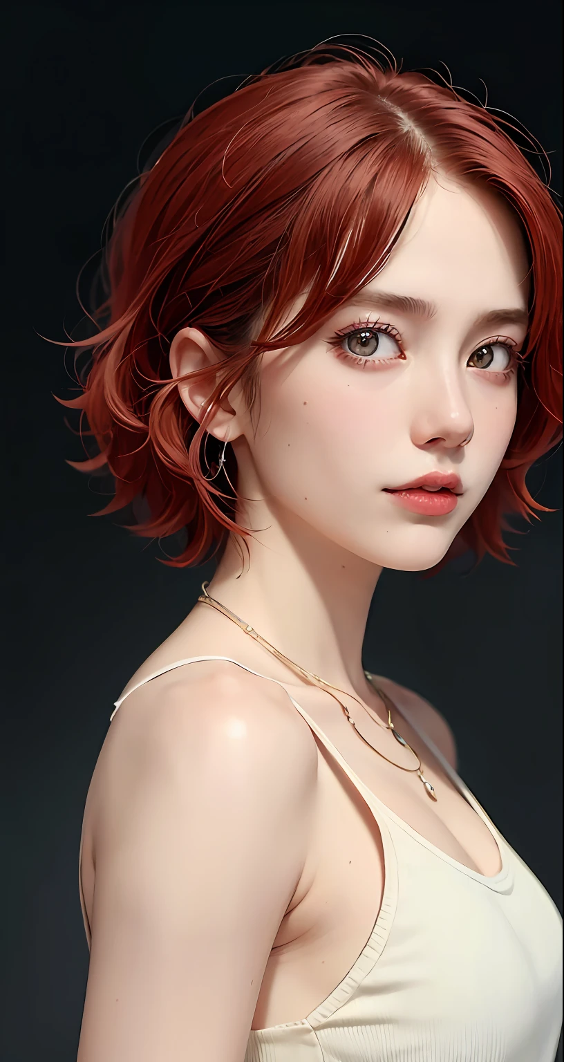 8k, RAW Photography, portlate, top-quality, 超A high resolution,Tank tops、short-hair、piercings、Photorealsitic, 女の子1人, full bodyesbian, redhair, a necklace, a smile, eye lashes, 电影灯光, depth of fields, lensflare、onepiece